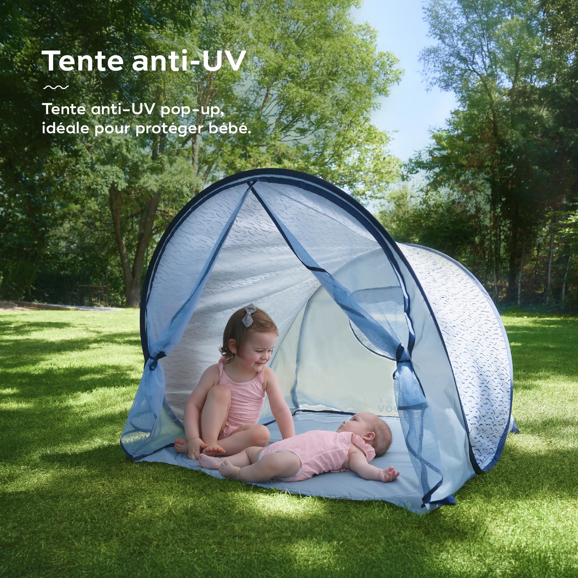 Babymoov Tente Anti-UV Bébé - Haute Protection Solaire FPS 50+ - Moustiquaire Intégrée - Système Pop Up - Grande Tente de Plage, Blue Waves