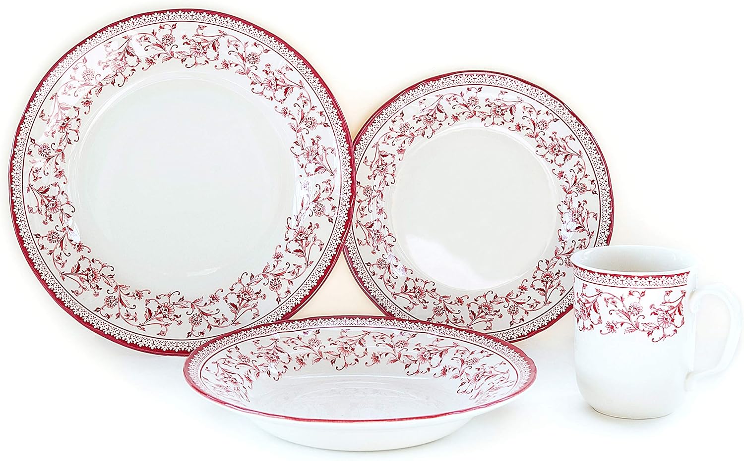 Tudor Royal Collection 16 Piece Round Dinnerware Set, Service for 4, Aster Pink Design, Red Floral, Plates Bowls Dishes, High Gloss Premium Quality