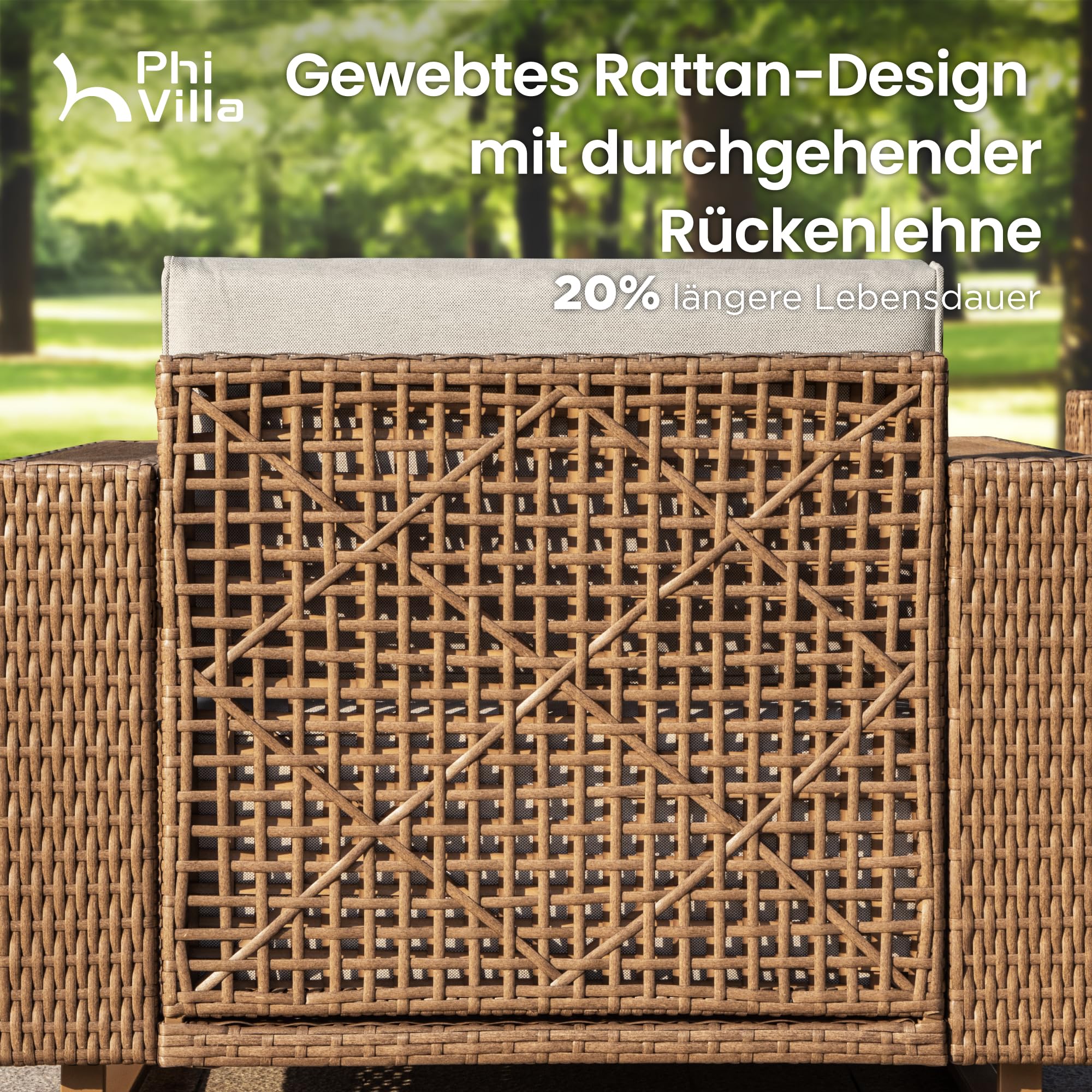 PHI VILLA Rattan Gartenmöbel Set Balkonmöbel für 4, Lounge Möbel Outdoor Sofa Sets für Garten und Terrasse, Allwetter Gartensofa Terassenmöbel Außen mit Dicken Weißen Kissen und Couchtisch