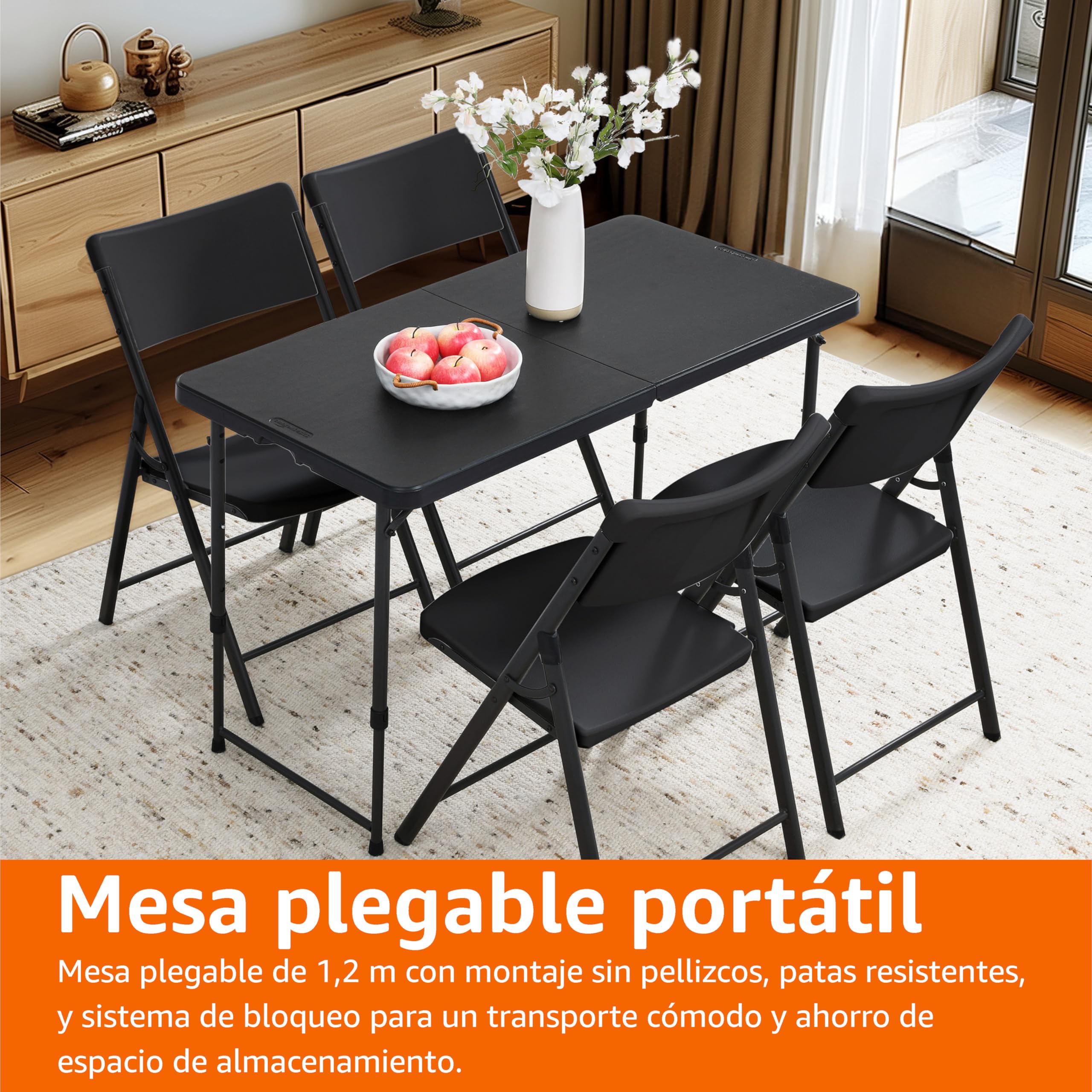 Amazon Basics Mesa Plegable Rectangular de 1.2 m, 4 ajustes de Altura, asa de Transporte, Interiores y Exteriores, portátil, Ligera, de Viaje, Picnic, Camping, Negro Lavado, 121.4 x 60.7 x 86.1 cm