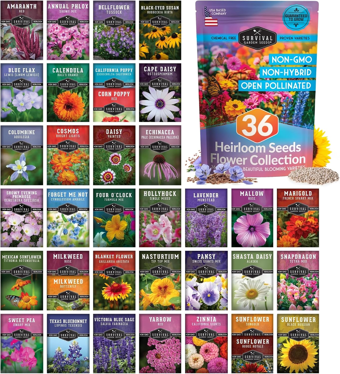 Flower Garden Seeds 36 Variety Kit - Heirloom Starter Pack