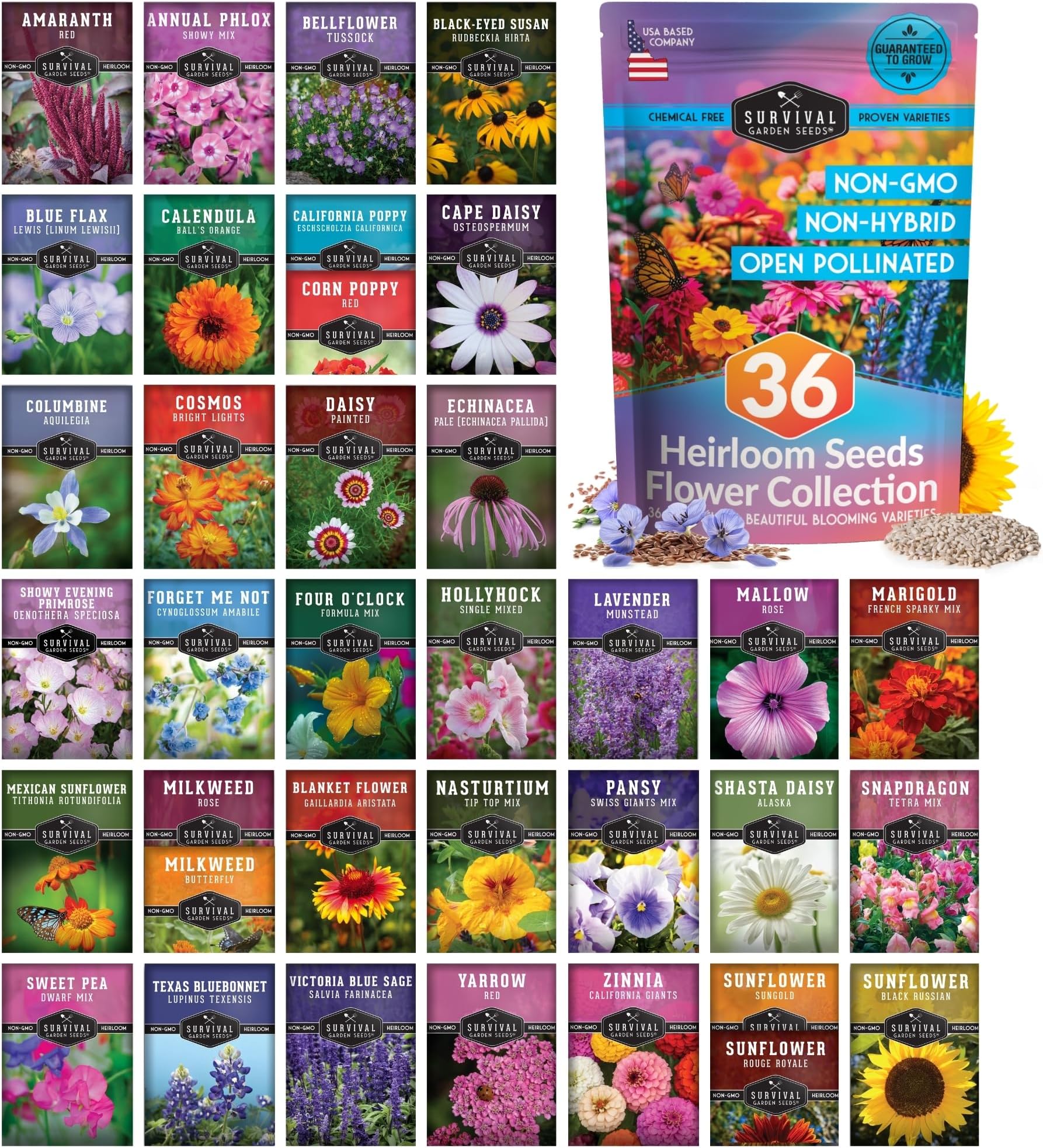 Flower Garden Seeds 36 Variety Kit - Heirloom Starter Pack | 36 Packs of Annual & Perennial Flowers for Planting – Wildflowers for Pollinators, Bees, Butterflies - Survival Garden Seeds
