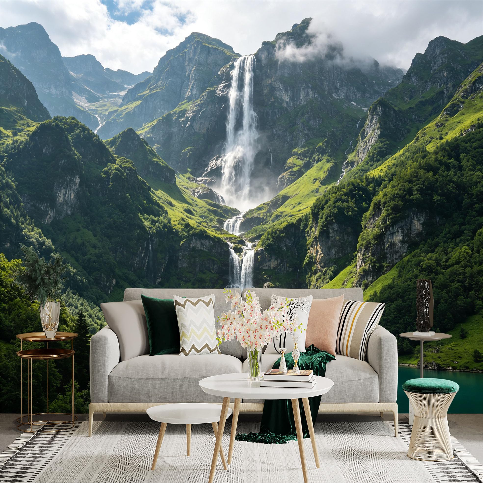 Custom Size Wall Sticker Mural， Majestic Waterfall in Alpine Valley， Lush Green Mountains， Pristine Turquoise Lake， Scenic Nature Landscape， for wall Decoration， peelandstick wall Decals.