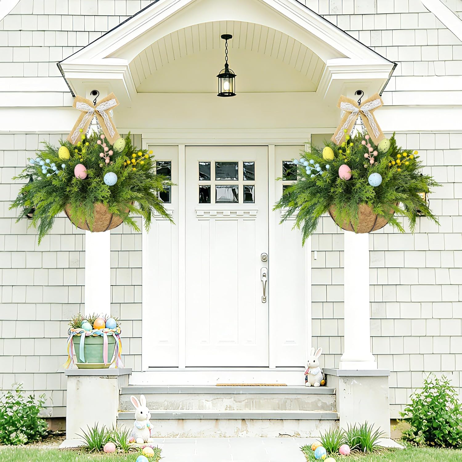Set of 2 Easter Artificial Hanging Plant Flower Baskets, Fake Planter Hanging with 24 Pcs Cypress Leaves, Faux Ferns with Easter Eggs & Berries for Outdoor Spring Decor Porch, Garden, Patio