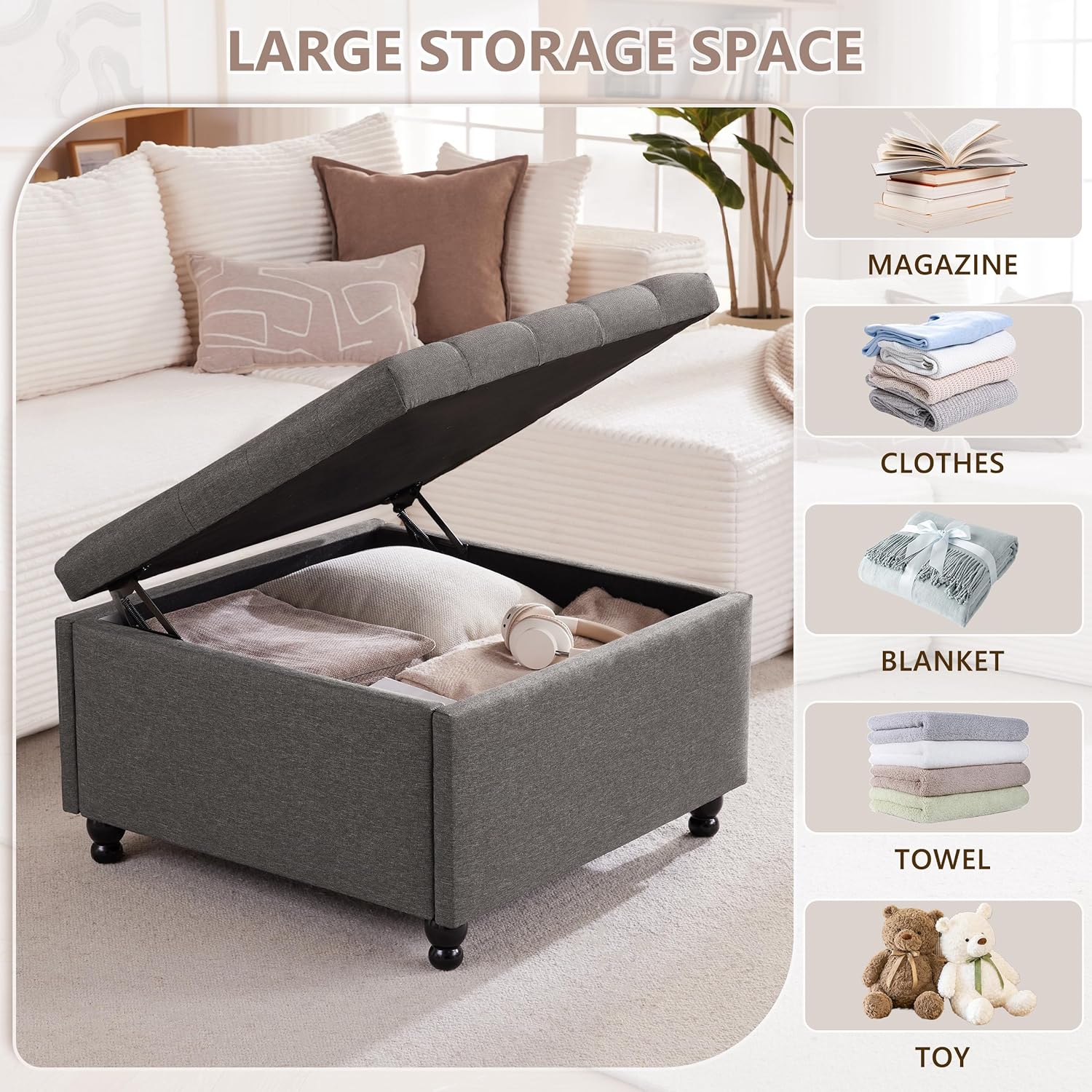 30 Inch Large Square Storage Ottoman Coffee Table, Oversized Square Ottoman with Storage, Tufted Upholstered Coffee Tables for Living Room (Fabric, Dark Grey)