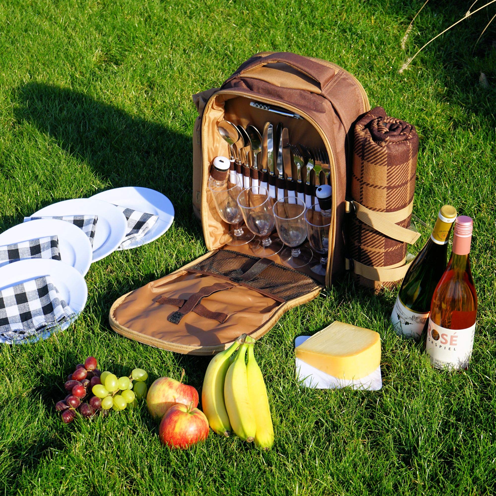 CampFeuer Zaino da picnic per 4 persone 32 pezzi marrone con portabottiglie e coperta in pile