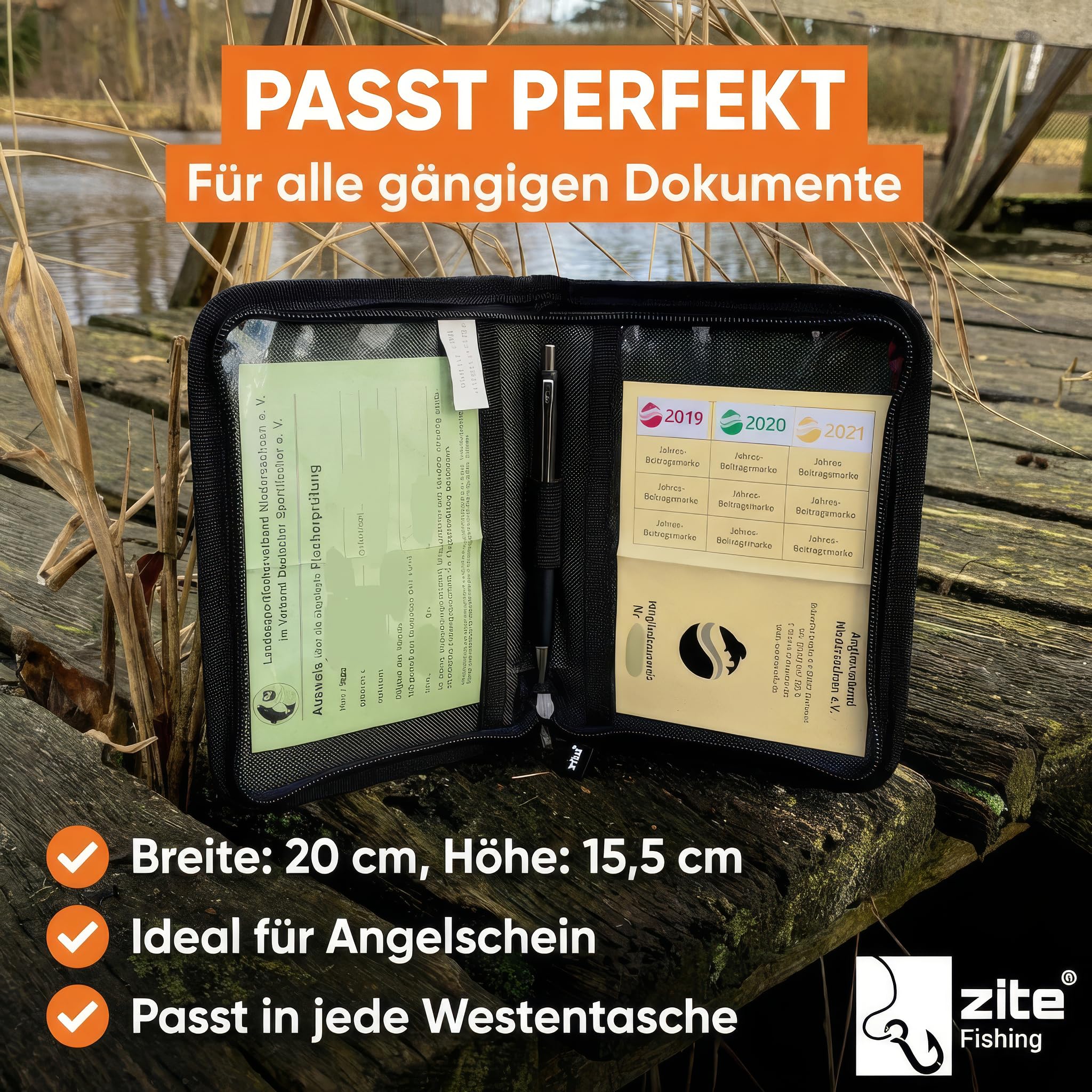 Zite Fishing, custodia per documenti e carte da pesca, 15 x 20 cm, astuccio per carte di pesca e pesca – 2 scomparti + portapenne, verde, Per esterni