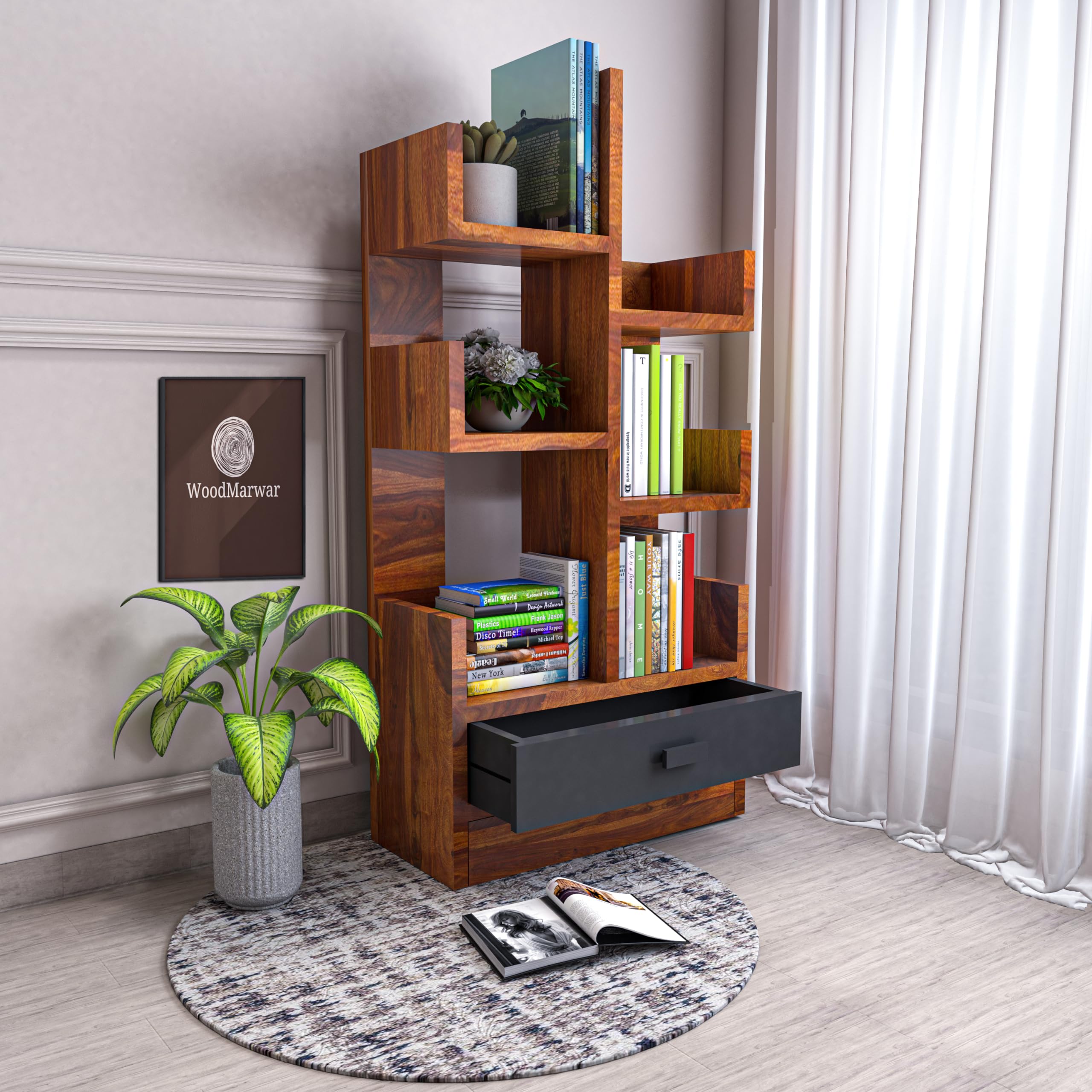 WoodMarwar Wooden Free Standing Book Shelf | Display Rack Bookshelf for Home and Office | Decorative Corner Shelf Bookcase | Storage Type: 6 Shelves & 1 Drawer | Sheesham Solid Wood | Honey Finish