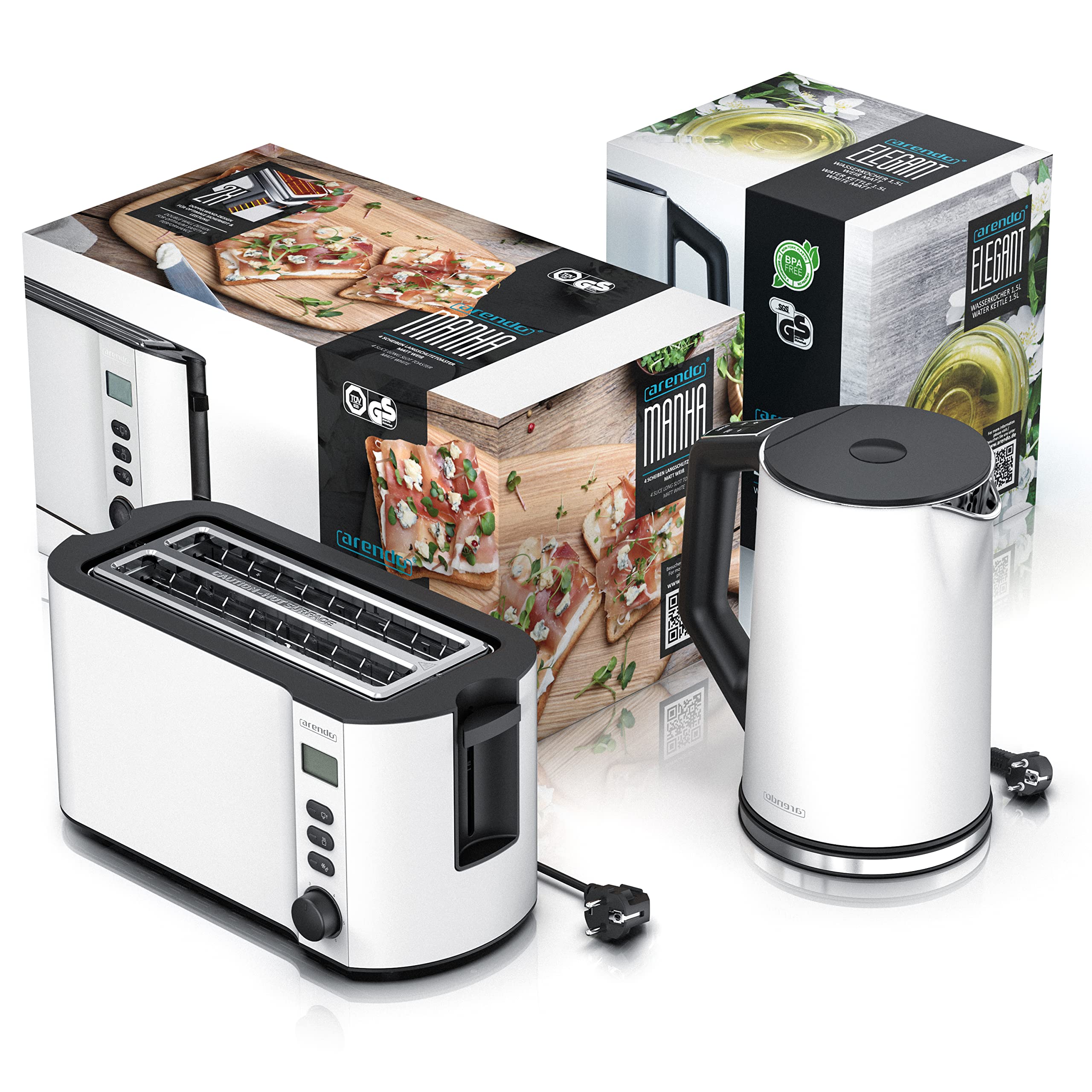 Arendo Wasserkocher Toaster SET Edelstahl Weiß matt 1,5L 4 Scheiben LED-Display