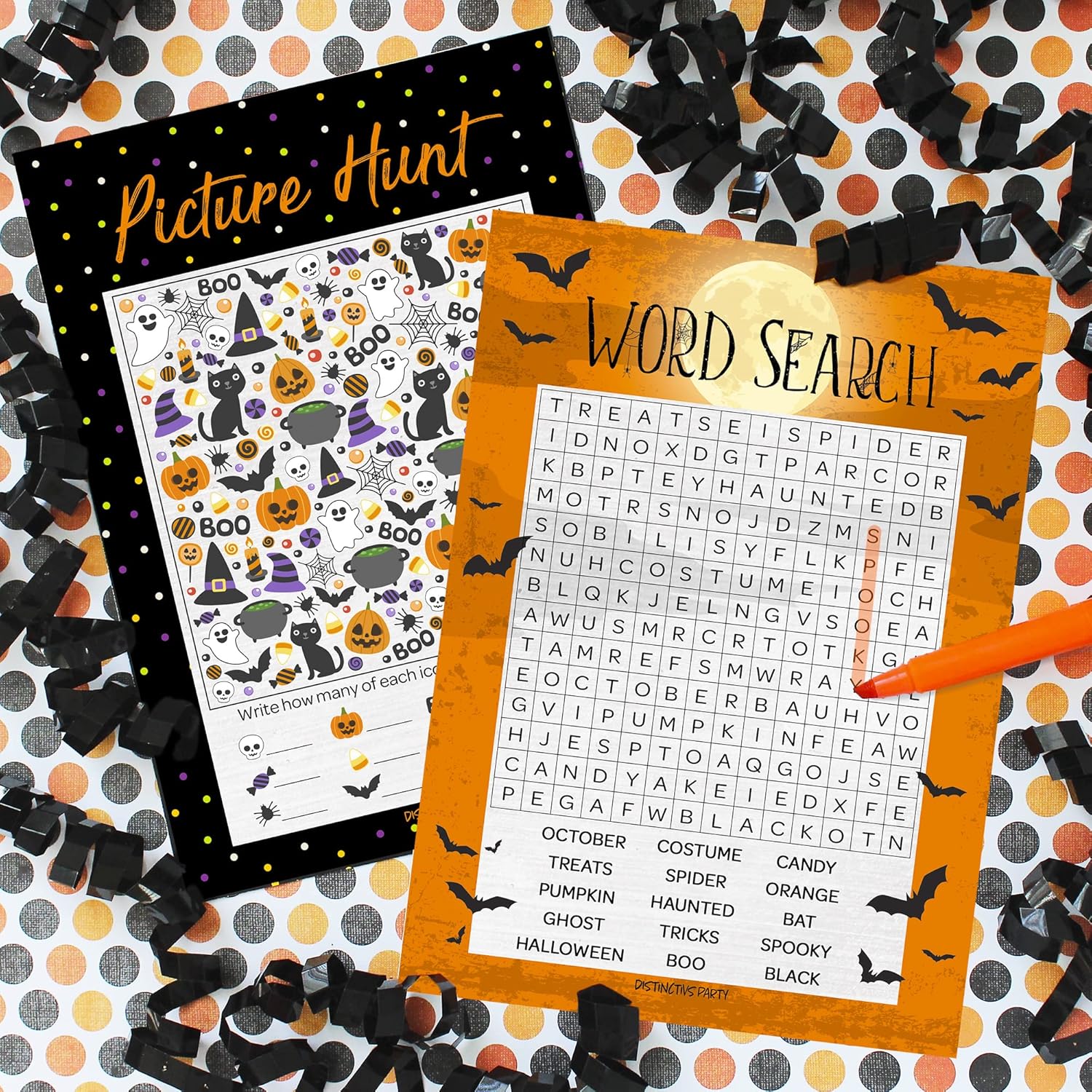 DISTINCTIVS Halloween Party Activity - Word Search and Picture Match (2 Game Bundle) - 25 Dual Sided Cards - Classroom Ice Breaker