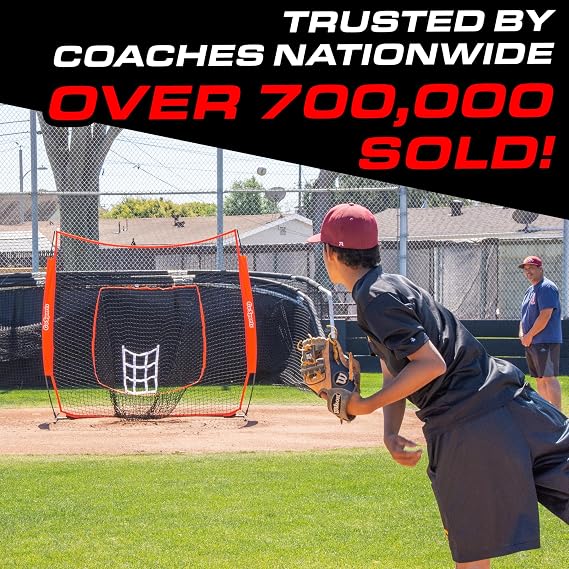 GoSports 7 ft x 7 ft Baseball & Softball Practice Hitting & Pitching Net with Bow Type Frame, Carry Bag and Strike Zone, Great for All Skill Levels