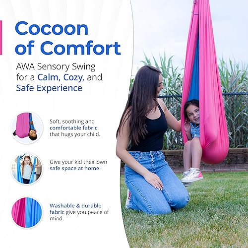 Miniatura 10 de AWA - Columpio sensorial para niños en interiores, columpio sensorial de doble capa para adultos con gancho giratorio de 360, ayuda con TDAH,