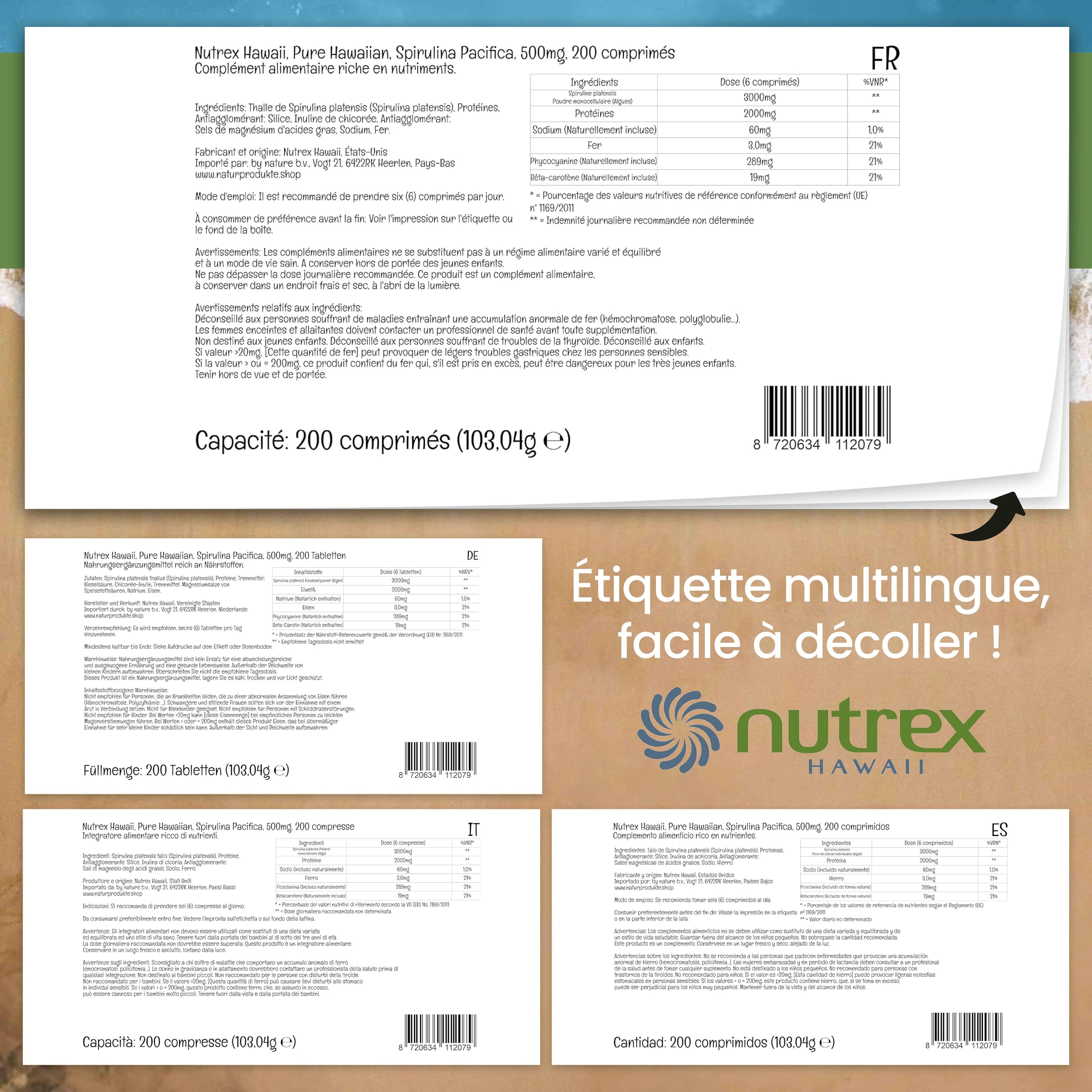 Nutrex Hawaii, Pure Hawaiian Spirulina, 500 mg, 200 Comprimés Végétaliens, Testés en Laboratoire, Sans Gluten, Sans Soja, Végétariens