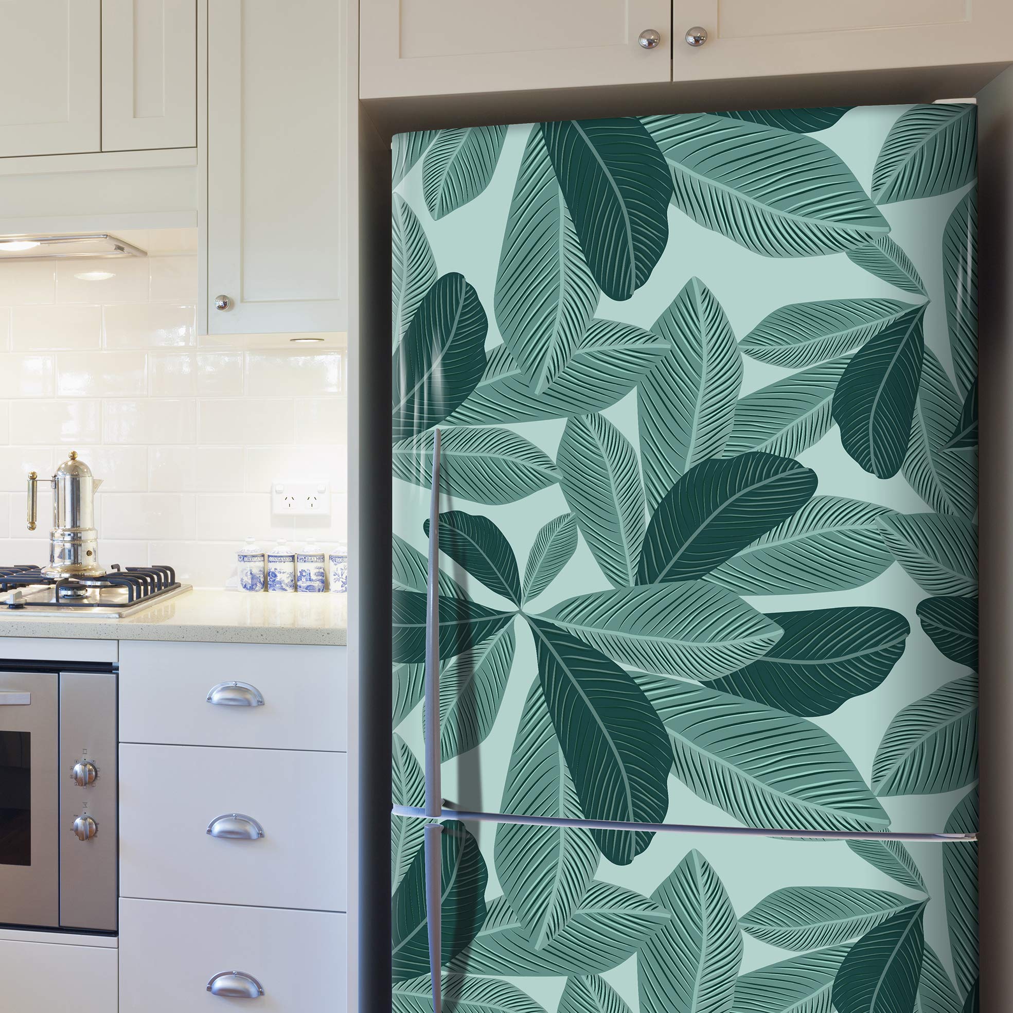 Vinile adesivo decorativo per frigorifero, speciale senza bolle, design moderno di piante vettoriali, in colori verdi (60 x 185 cm