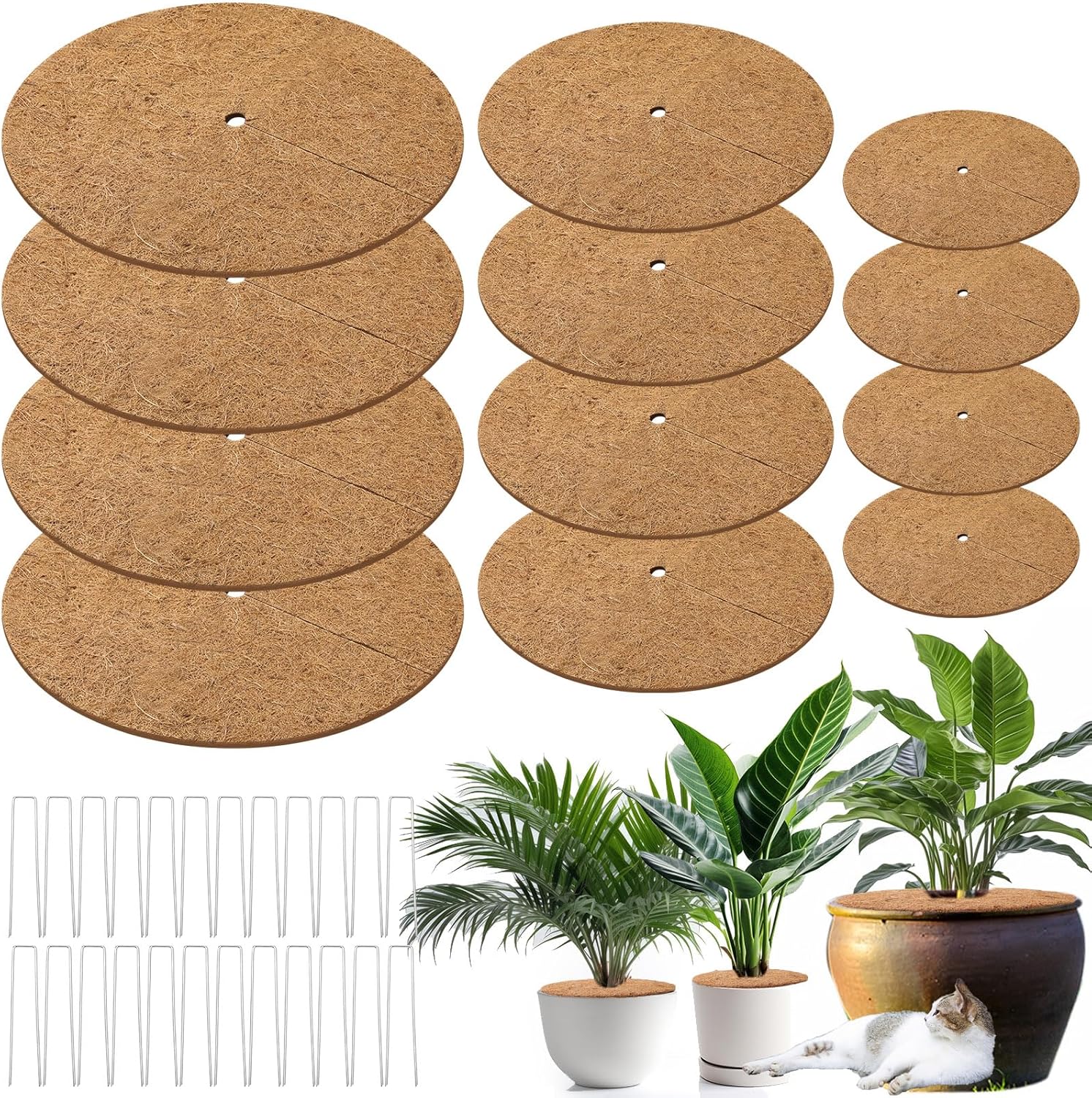 12 Pcs Coconut Fiber Mulch Ring Tree Proterctor Mat, 24'' 17.8'' 11.8'' Natural Coco Coir Tree Disc Plant Cover with 48 Pcs U Shape Staple for Indoor Outdoor Landscaping