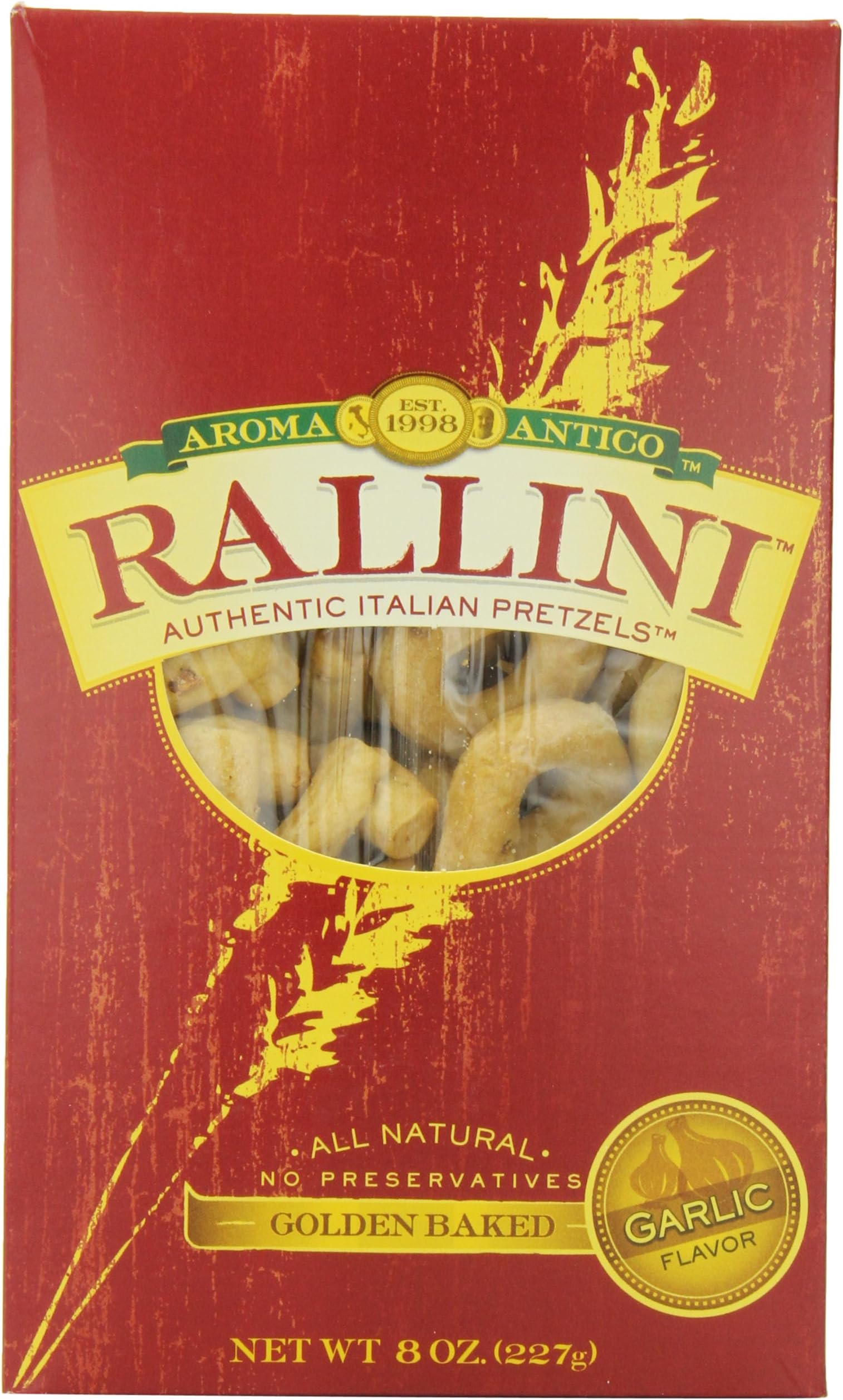 Aroma Antico Rallini California Garlic Flavor, Italian Pretzels, 8-Ounces Boxes (Pack of 6)