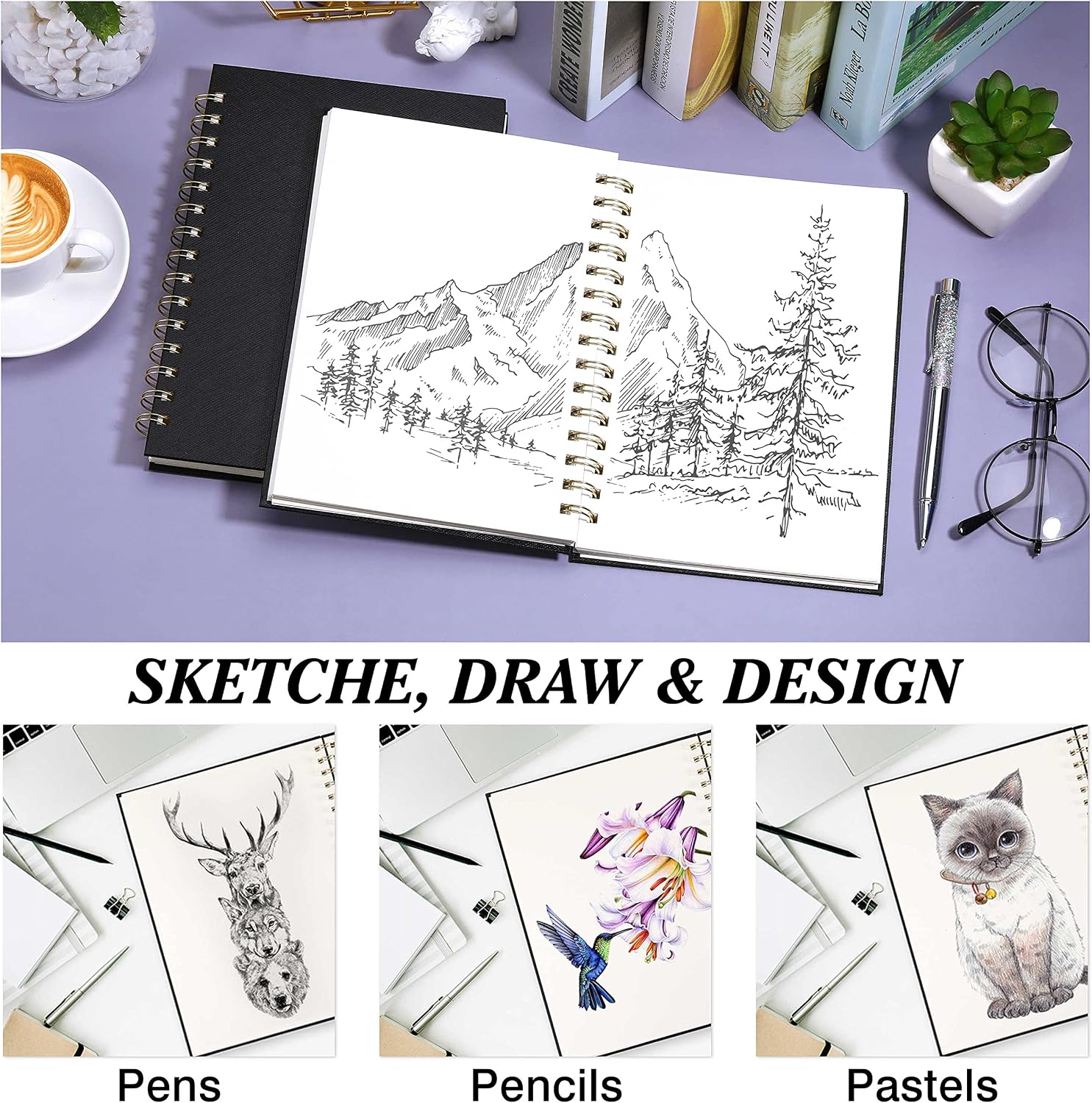 Sketchbook - 60 Sheets Sketch Pad, 6.3" x 8.4", Spiral Bound Sketch Book, 68 lb/110g Durable Acid Free Drawing Paper, Saffiano Hardcover, Double Sided Texture Art Paper for Kids, Teens, Adults