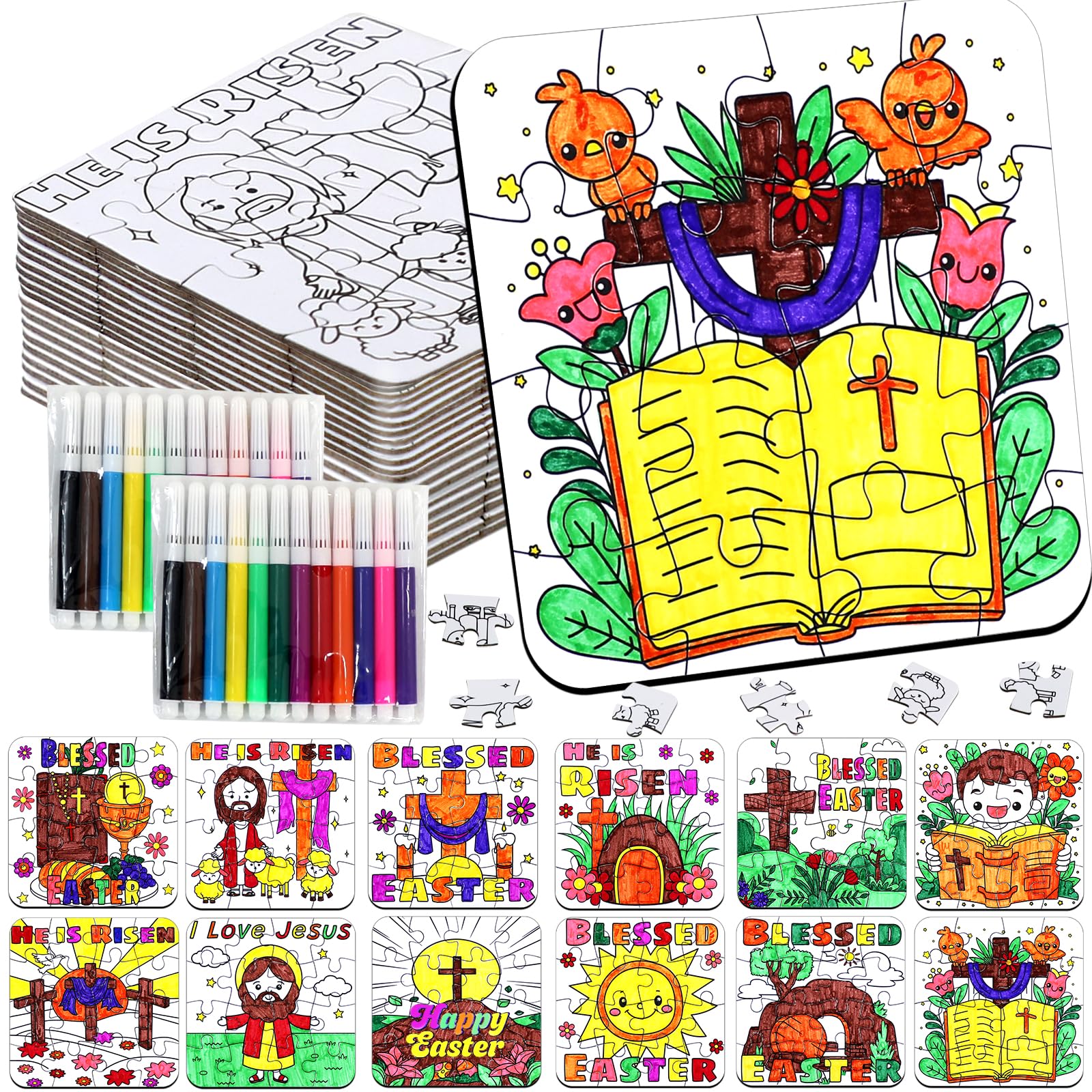 24Pcs Christian Easter Crafts for Kids Ages 4-8, Religious Easter Puzzle Jesus He Is Risen, Bible Jigsaw Arts Gifts for Classroom DIY Activity, Basket Stuffers, Spring Party Favors, Coloring Game Bulk Easter Religious Colorful