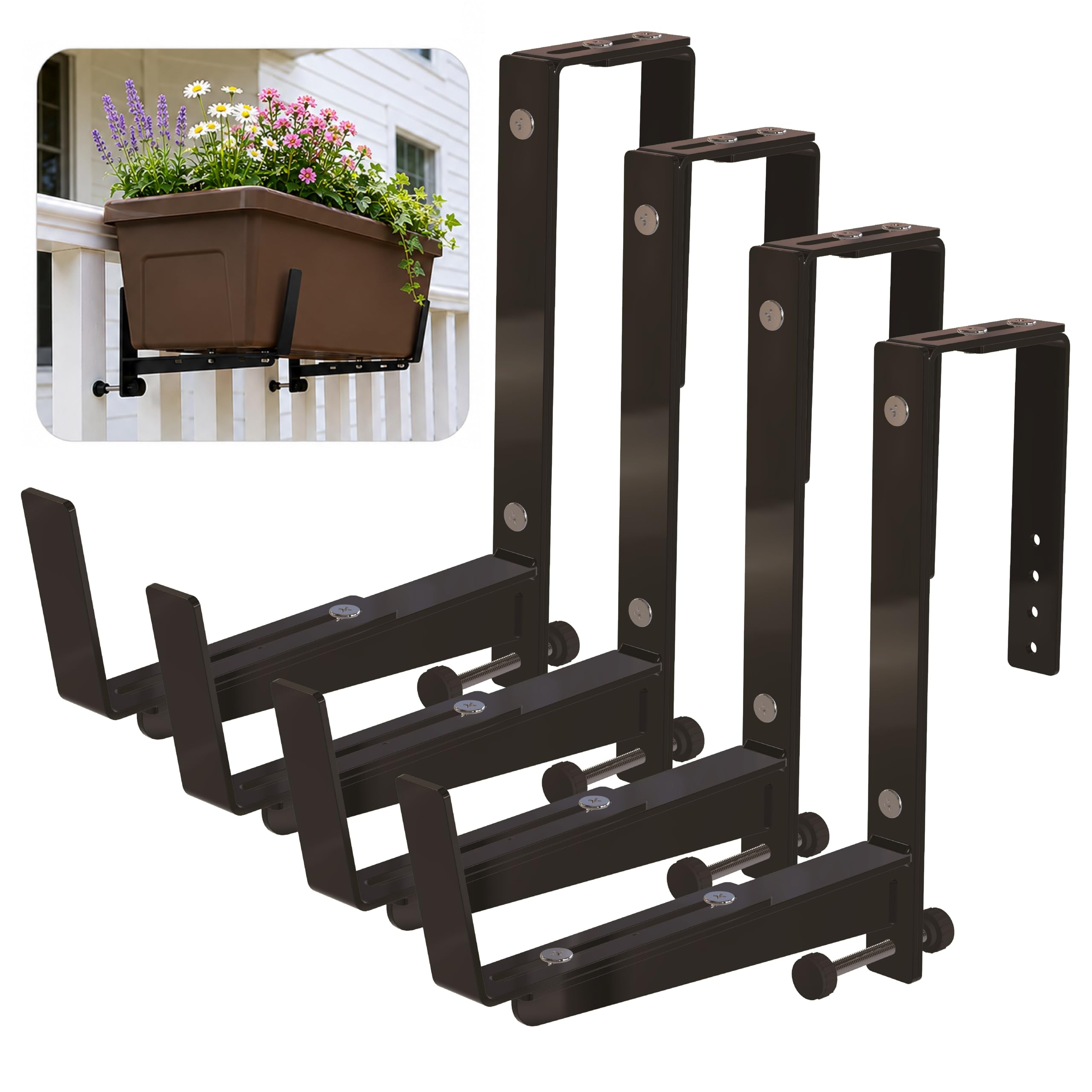 Lot de 4 supports de jardinière réglables pour balustrade de fenêtre - Supports de jardinière robustes et stables pour balustrades, balcons et clôtures - Supports de support de plantes pour balustrade