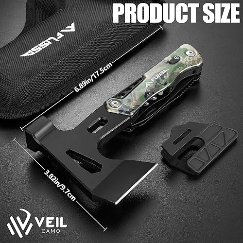 Miniatura 10 de FLISSA Martillo de hacha de campamento 14 en 1, multiherramienta de hacha de acero inoxidable con luz LED, herramienta de supervivencia EDC para