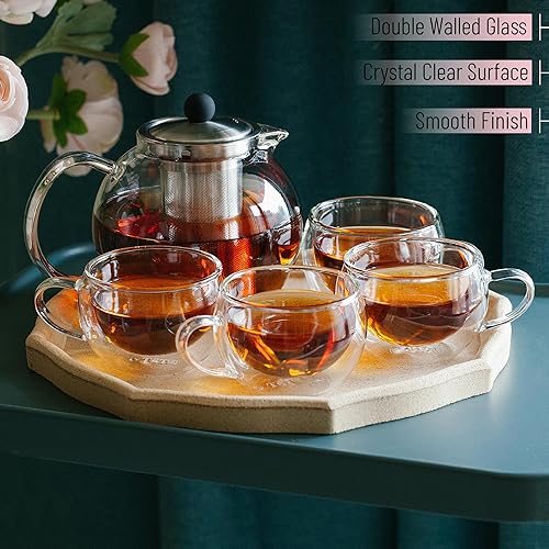 Miniatura 4 de BTAT - Juego de 4 teteras de cristal, juego de té, taza de té de vidrio de doble pared y hervidor de té con infusor