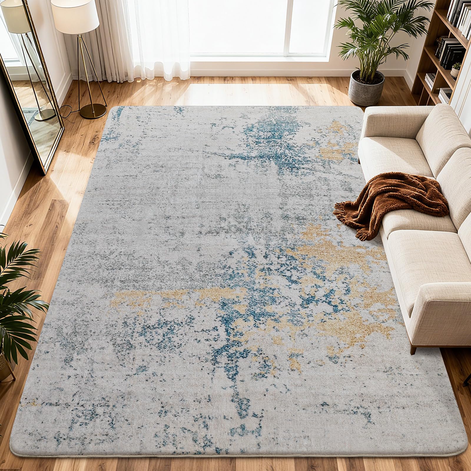Tapis Moderne Abstrait pour Salon Chambre à Coucher Salle à Manger Tapis de Sol Doux antidérapant (Abstrait Gris/Bleu/Or/Multi, 200 x 300 cm)