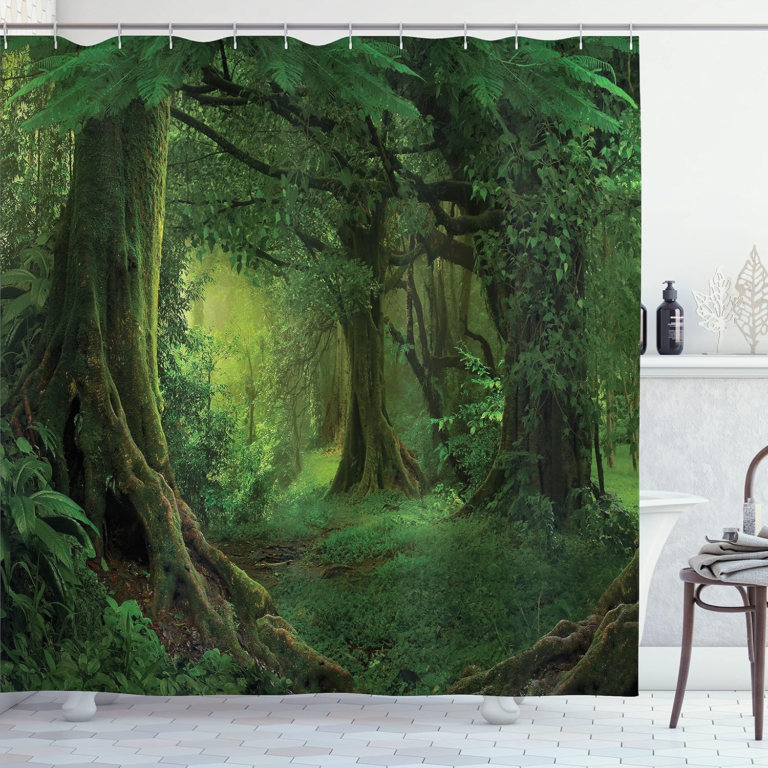 Ambesonne Forest Shower Curtain, Enchanted Woodland Foliage in Deep Tropical Jungle at Southeast Landscape Print, Cloth Fabric Bathroom Decor Set with Hooks, 69" W x 84" L, Green