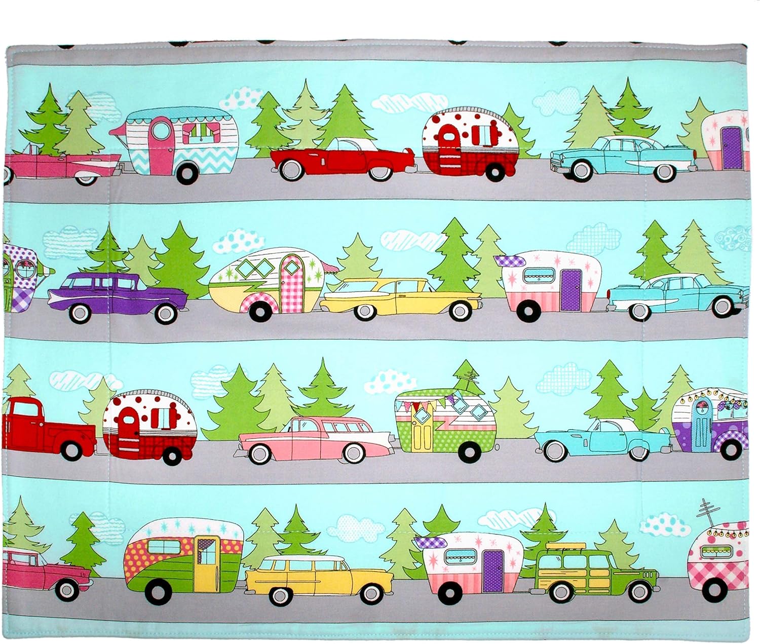 Retro Cars & Campers Coffee Station Mat - Dish Drying Mat - Pet Placemat - Appliance Mat - RV Camping Decor - 16 x 20 Inches - Handmade by Green Acorn Kitchen