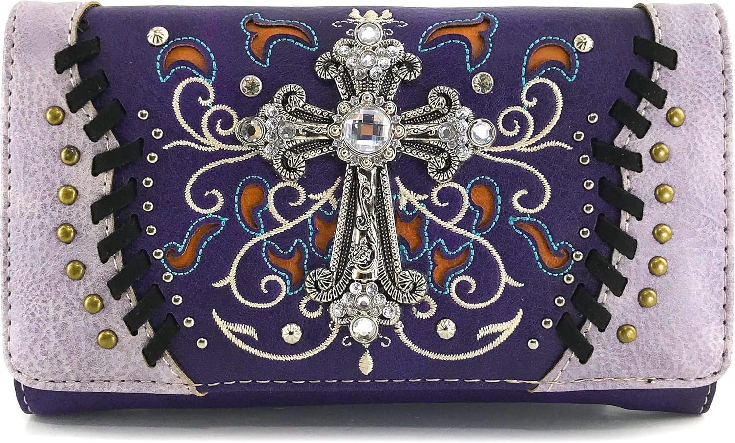 Justin West Embroidery Floral Glitter Bling Rhinestone Cross Shoulder Concealed Carry Handbag Purse Trifold Wallet