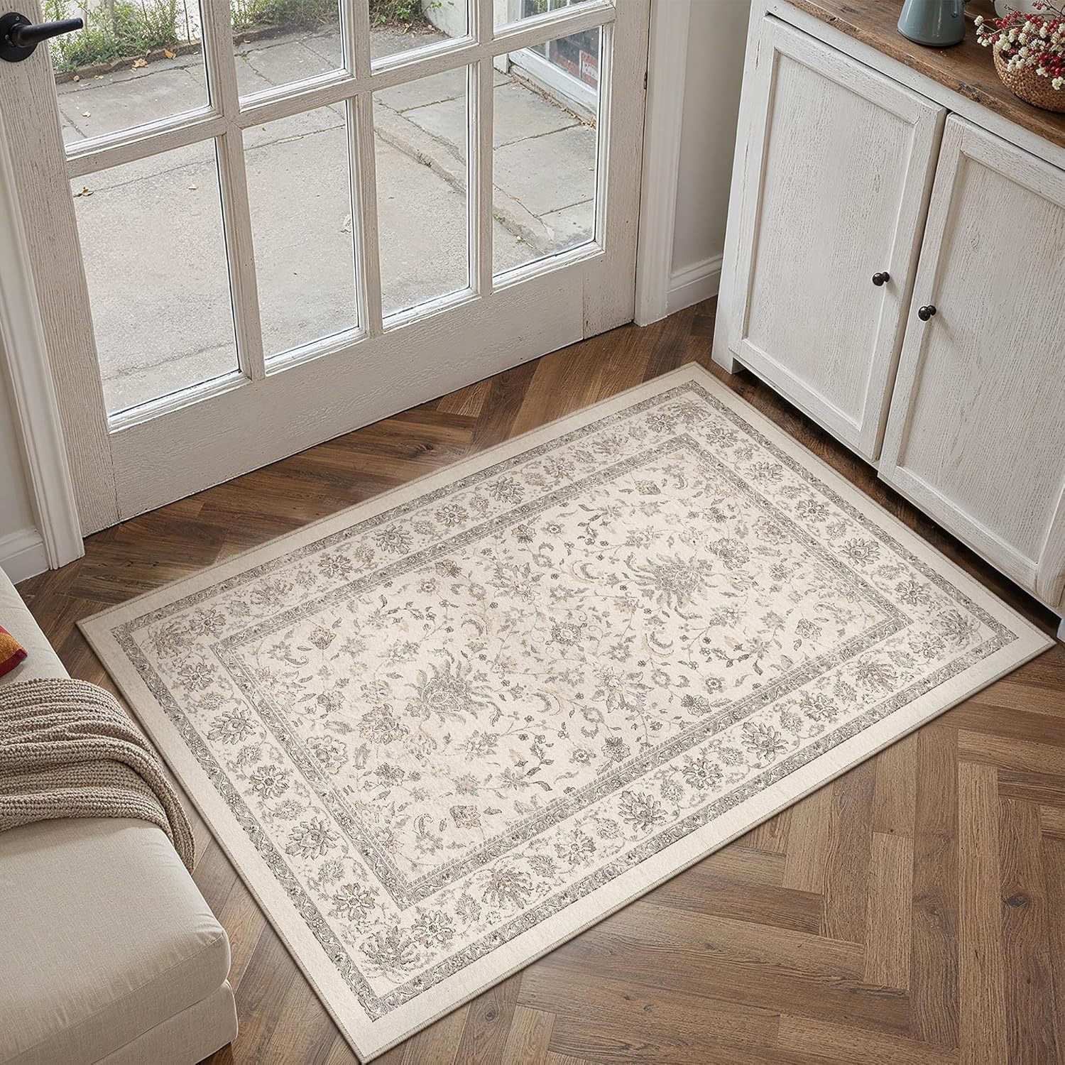 2x3 Area Rug Beige Washable Entryway Vintage Carpet Door Mat Small Non Slip Stain S...
