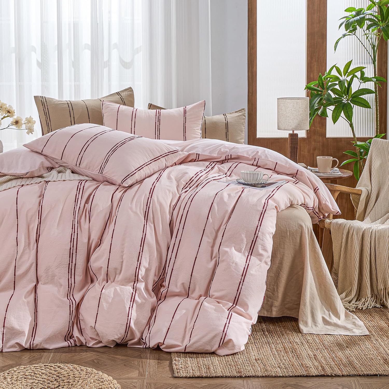 Simple&Opulence Boho Striped Duvet Cover Queen Size, Pink 100% Cotton 3 Pieces Bedding Set with Textured Embroidered Stripes, Soft Breathable Farmhouse Comforter Cover for All Seasons, 88" x 92"