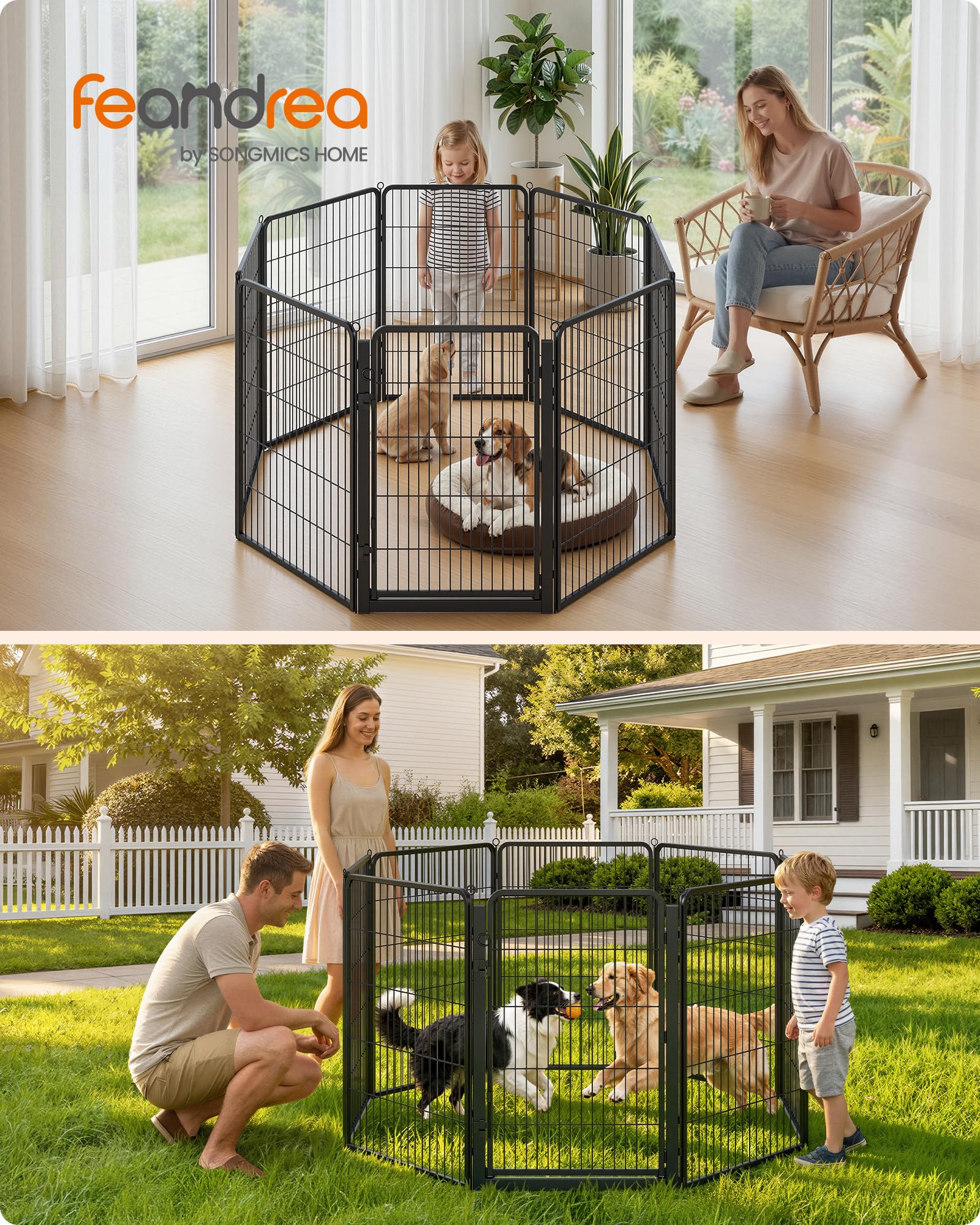 Feandrea Parque para Perros, Valla de Acero para Mascotas, Corralito Plegable con Puerta, 170 x 170 x 100 cm, Negro Ahumado, Uso en Interiores y Exteriores, Colección Dack PPK021B102