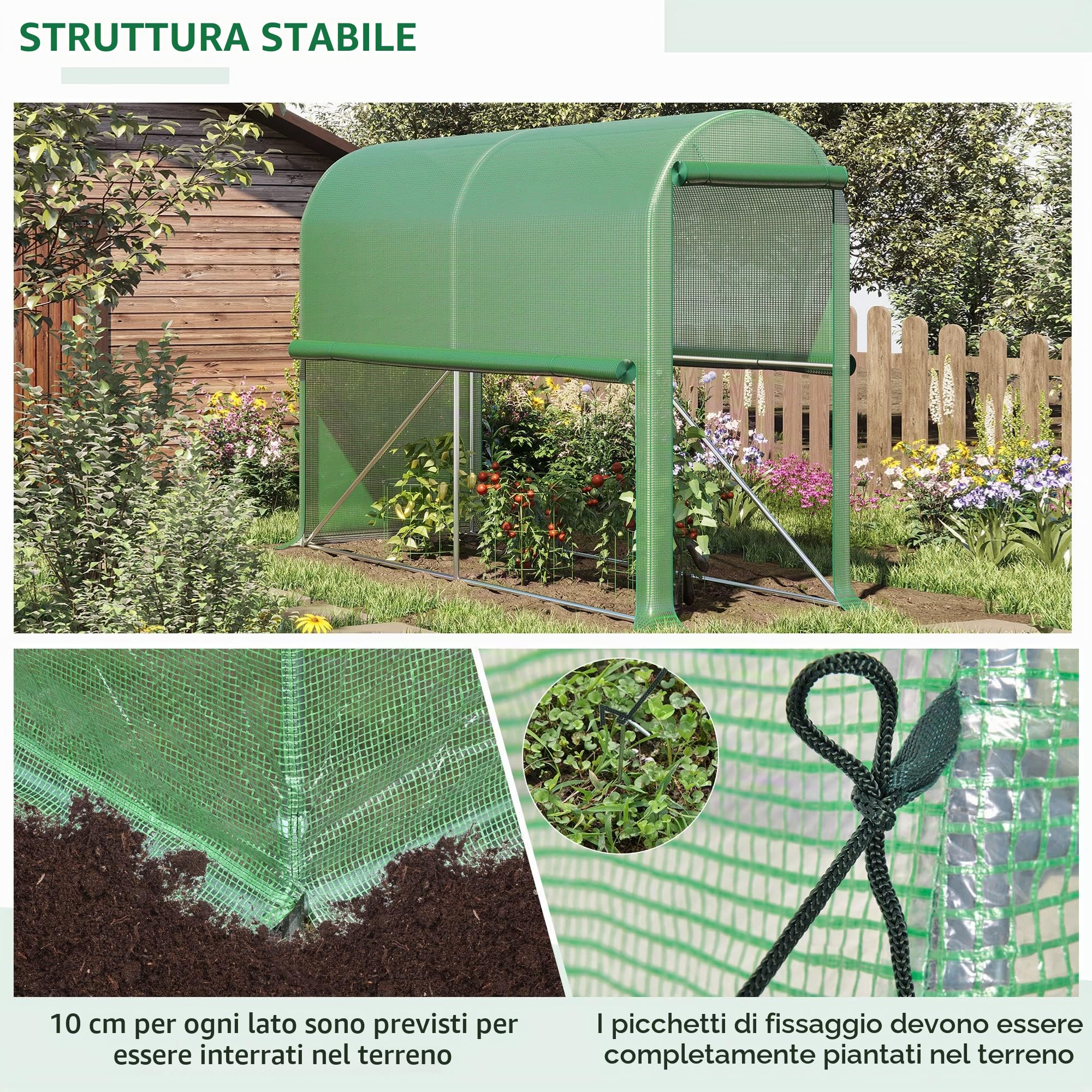 Outsunny Serra da giardino 3m² Serra per pomodori dim. 3 x 1 x 2 H m Porta con cerniera a discesa 2 lati arrotolabili in acciaio PE ad alta densità verde