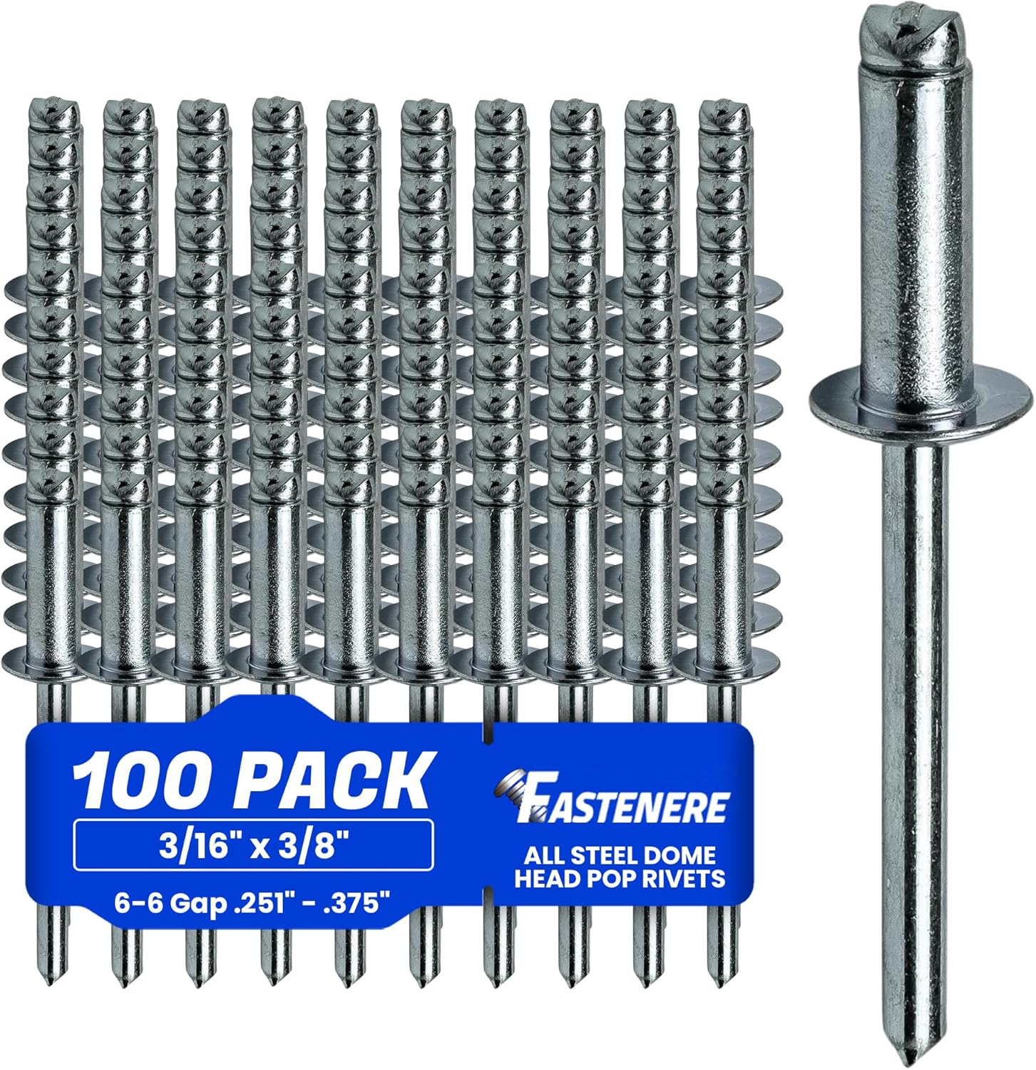 Fastenere Pop Rivets - 3/16" x 3/8" (100 pcs) Heavy Duty, Open-End, Low Carbon Steel, Dome-Head Blind Rivets, Corrosion-Resistant & High Shear Strength, 6-6 Gap 0.251"-0.375"