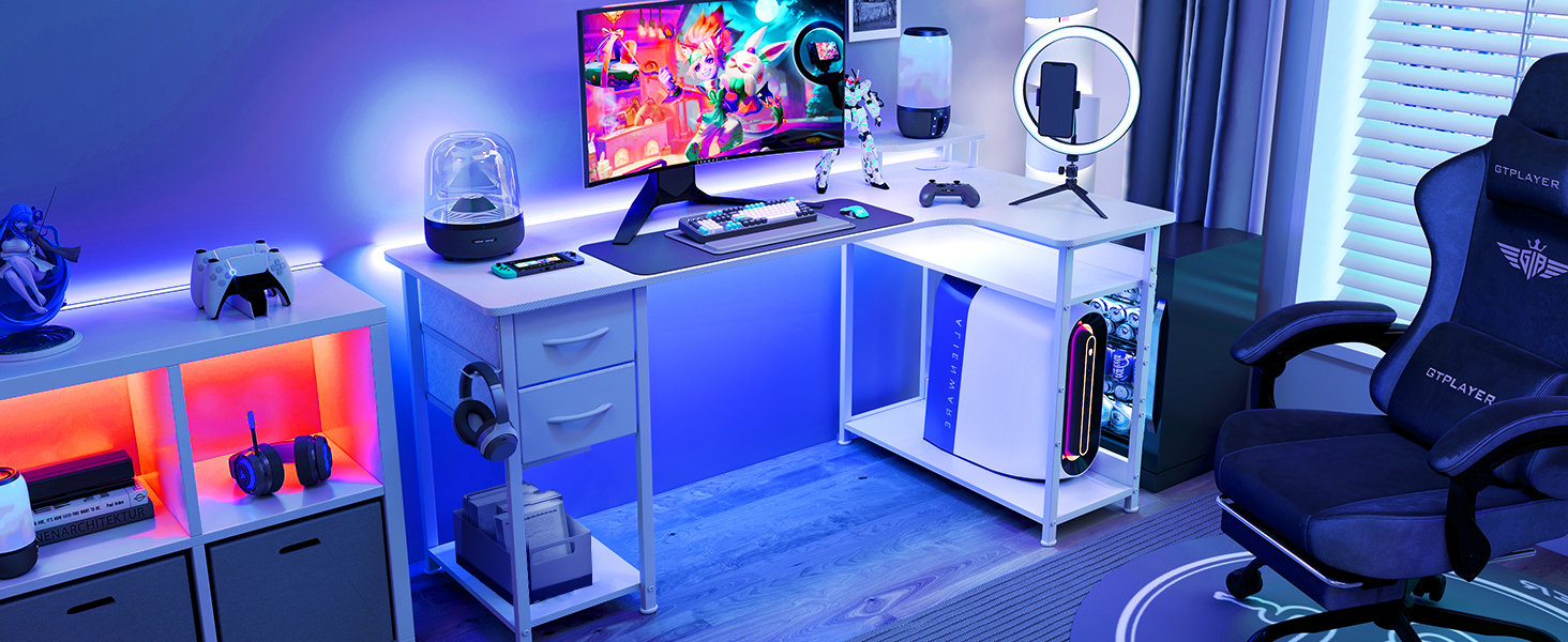 GTRACING ゲーミングデスク パソコンデスク L字 カーボン調 コンセント