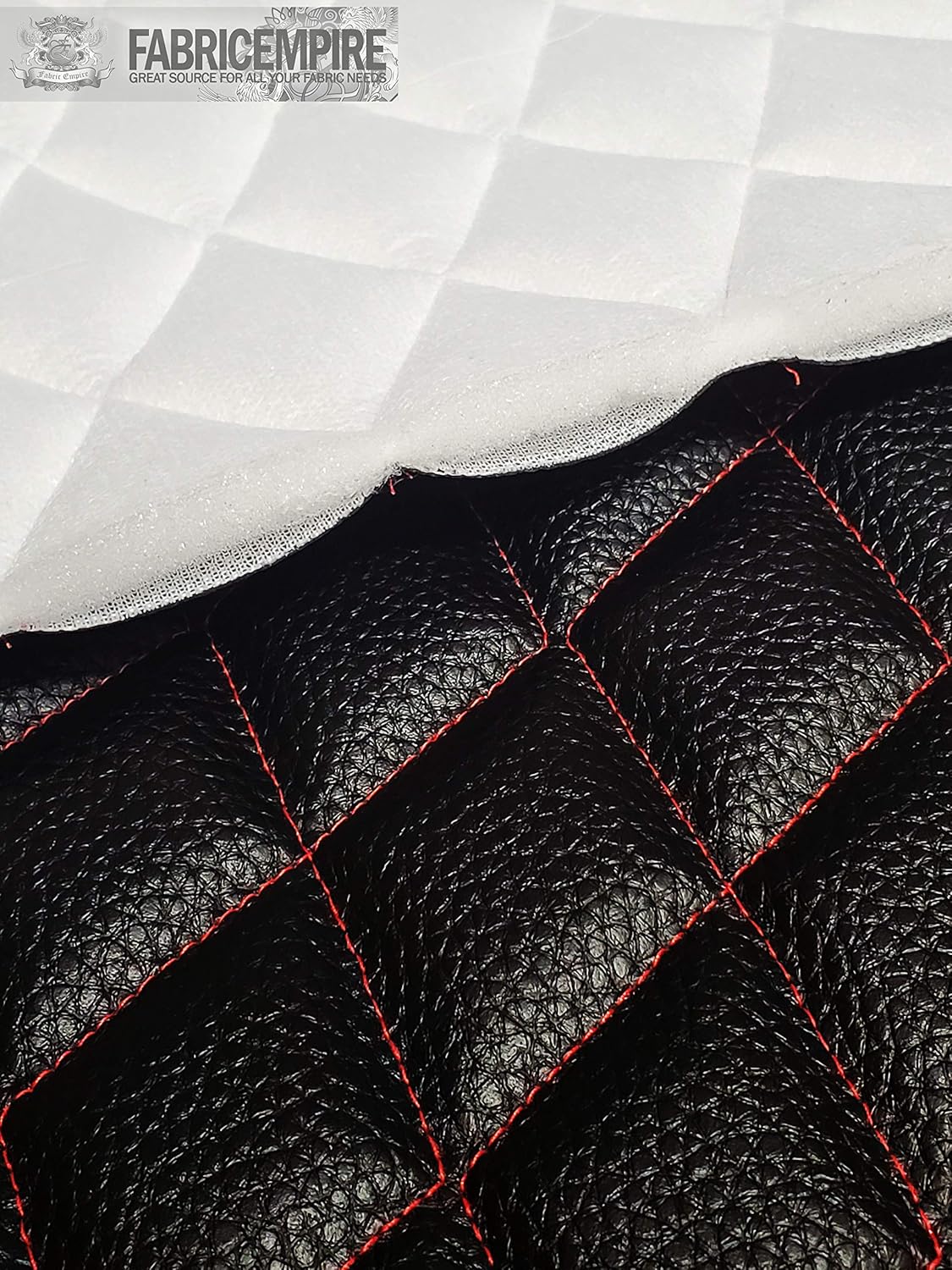 Vinyl Quilted Foam Fabric with 3/8" Foam Backing Upholstery / 52" Wide/Sold by The Yard/FABRIC EMPIRE (Black with Red Stitching, Diamond 2" x 3")