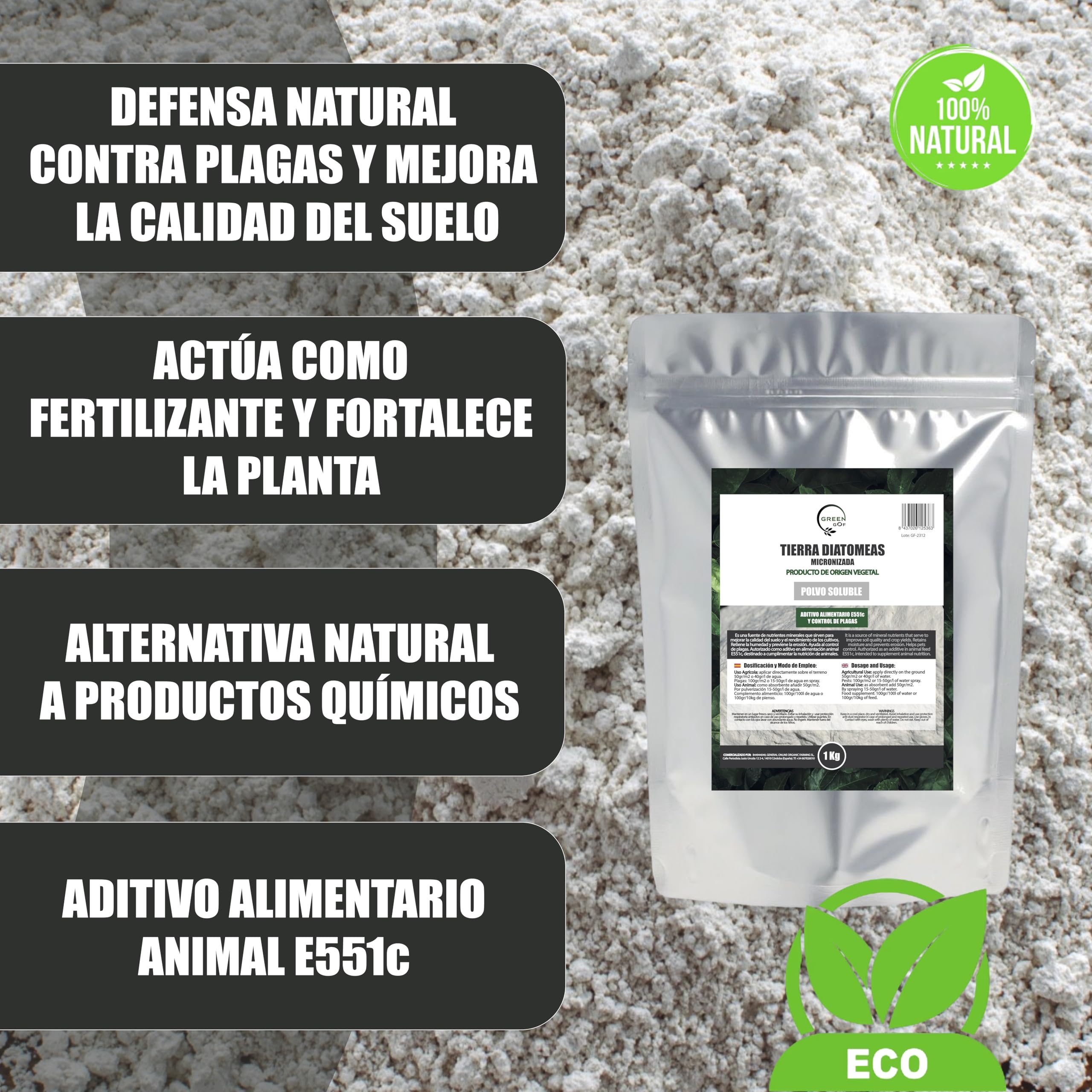 GREENGOF Tierra de Diatomeas Micronizada 1Kg - 100% Natural - Aditivo Alimenticio Animal E551c - No calcinada - Alta Pureza - Sin tratamientos ni residuos. Uso en Agricultura, Jardín y Animales.