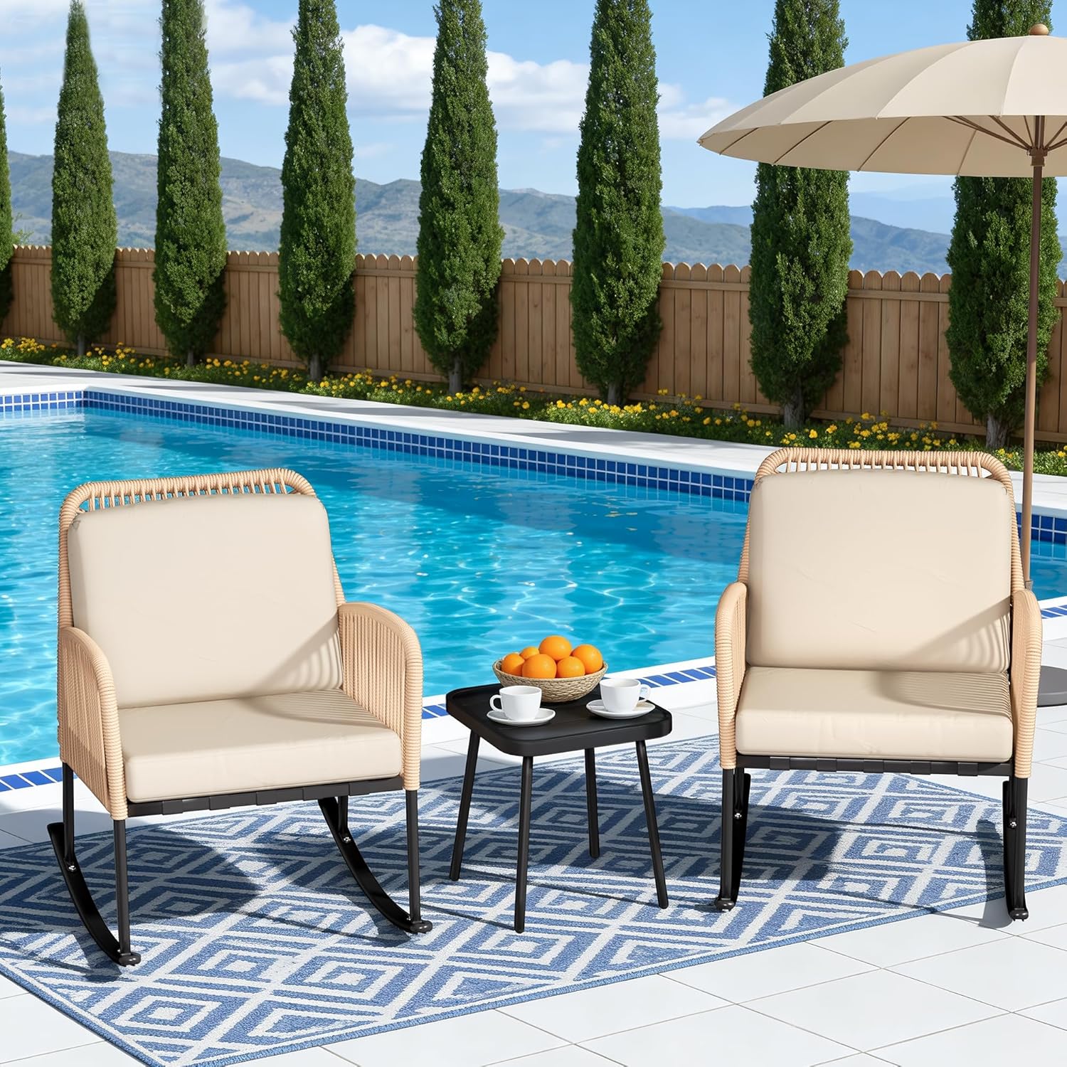 DECMICO 3 PCs Outdoor Rocking Chair, Rocking Bistro Set with Side Table, Rocking Chairs for Backyard Garden Porch Poolside