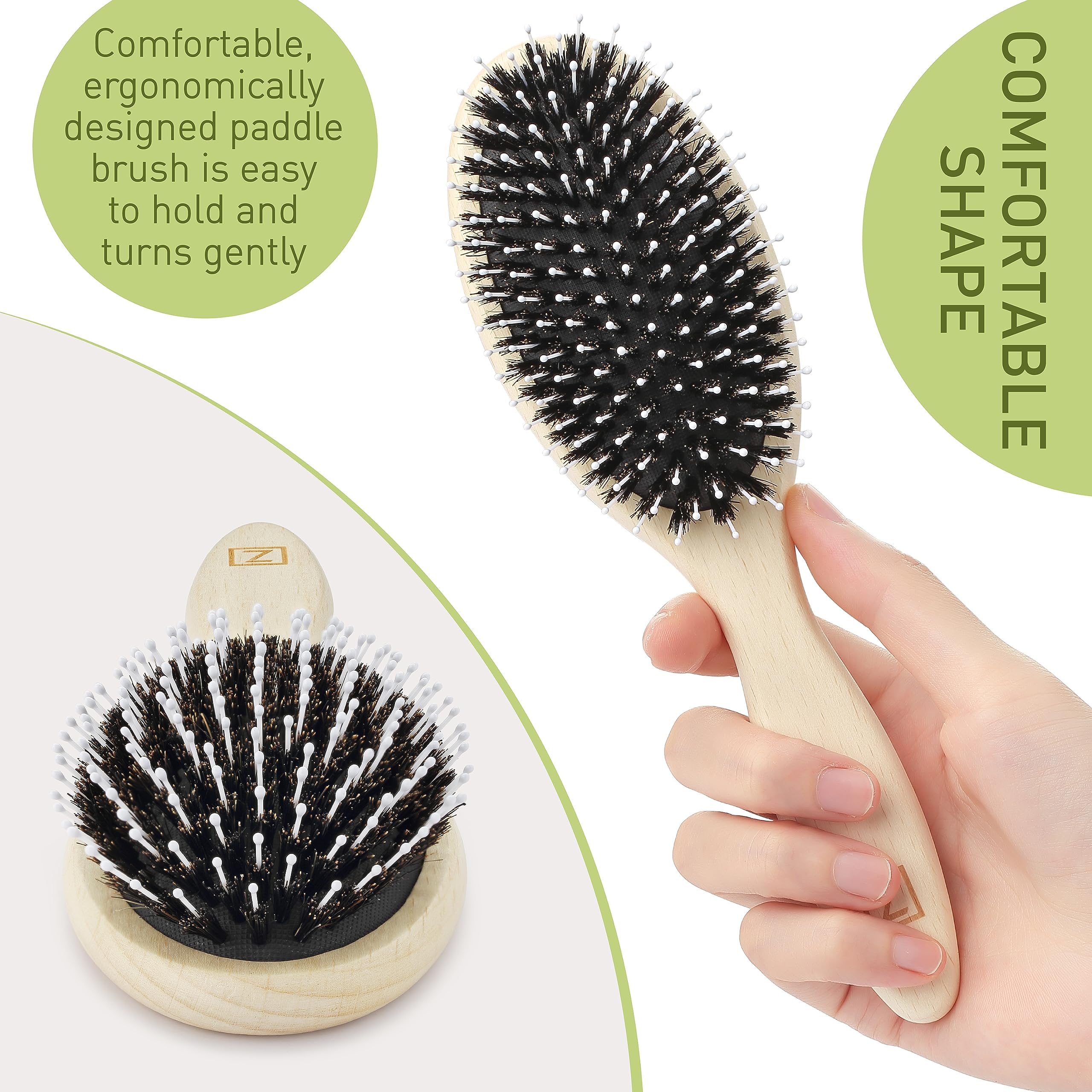 Cepillo de cerdas de jabalí naturales para mujeres, hombres, niños; cepillo para desenredar el cabello seco y húmedo mejora suavemente el brillo, suaviza el encrespamiento y evita roturas en cabello