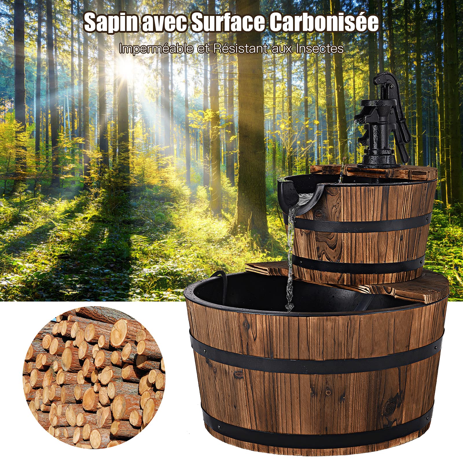 GOPLUS Fontaine à Eau à 2 Couches en Sapin Carbonisé, Écoulement d’Eau Ajustable, Fontaine Extérieure avec Pompe Manuelle Décorative, Idéal pour Jardin ou Cour, Marron Foncé