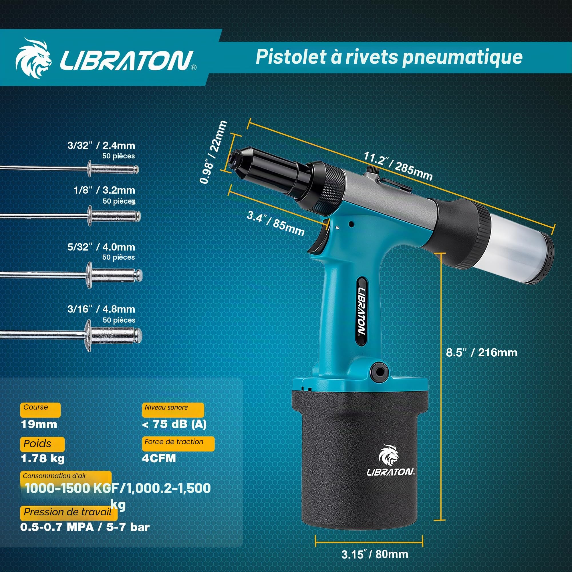 LIBRATON Riveteuse Pneumatique, Pistolet à Riveter Pneumatique Robuste avec 200 Rivets 2,4 mm 3,2 mm 4,0 mm 4,8 mm, Pince à Rivet Pop à Air Hydraulique pour Réparation, Conception Auto-Aspirante