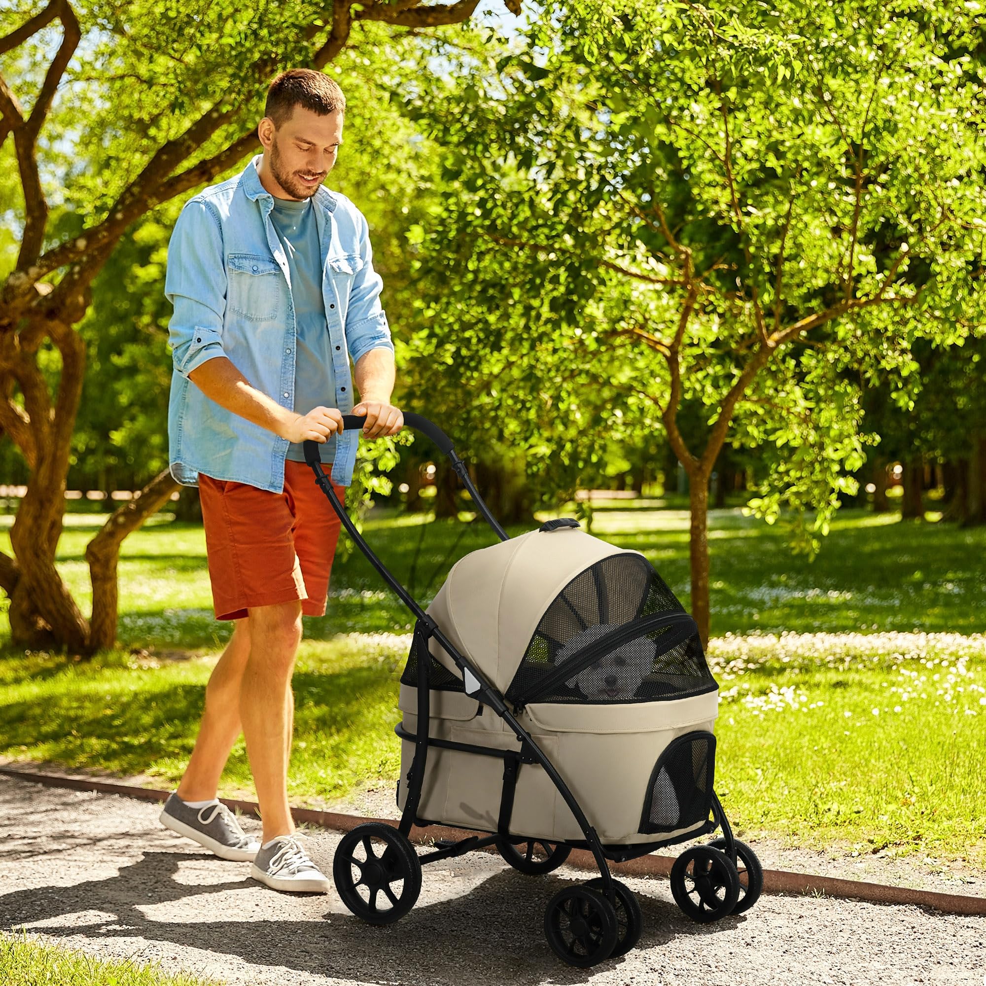 PawHut Carrito para Perros 2 en 1 Cochecito para Perros Pequeños Plegable con 2 Correas de Seguridad 2 Bolsillos Laterales Cojín Lavable y Ruedas Universales Carga 15 kg Caqui