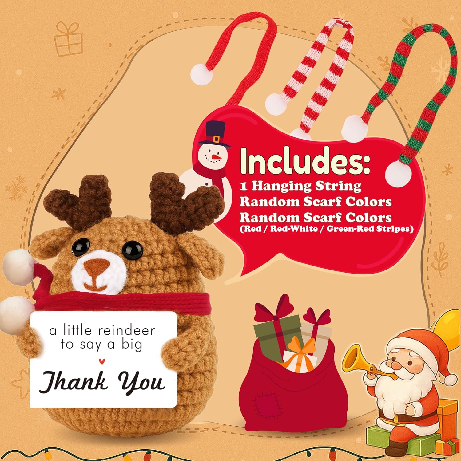 Mini Crochet Reindeer Ornament with Card “A Little Reindeer to Say a Big Thank You” – Handmade, Cute Holiday Tree Hanging Decor for Friends, Teachers, Coworkers image 2