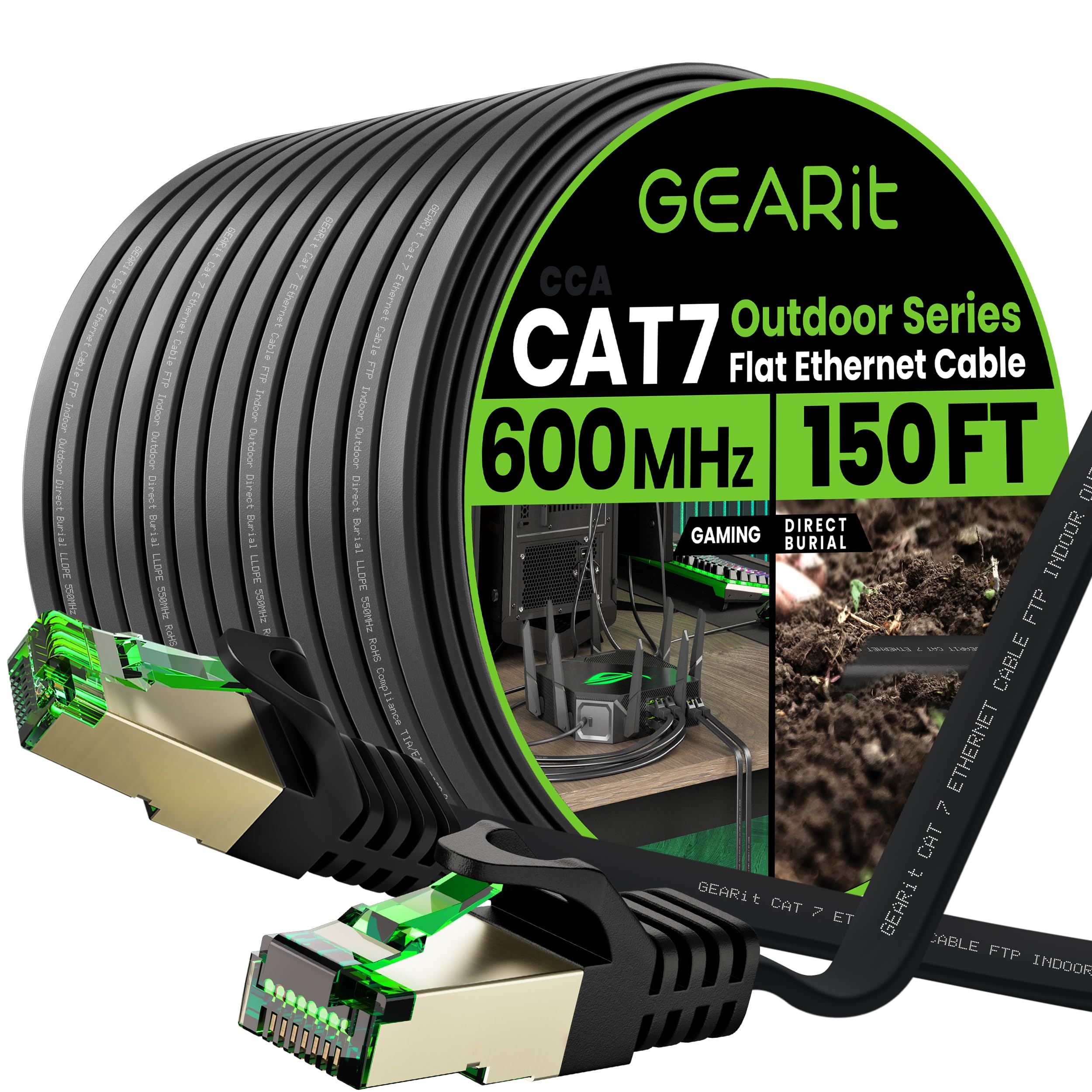 GEARit Cat 7 Outdoor Flat Ethernet Cable (150ft, Black) Direct Burial Rated LLDPE Jacket - Indoor Cat7 Shielded FTP 600MHz 10Gbps High Speed Gaming