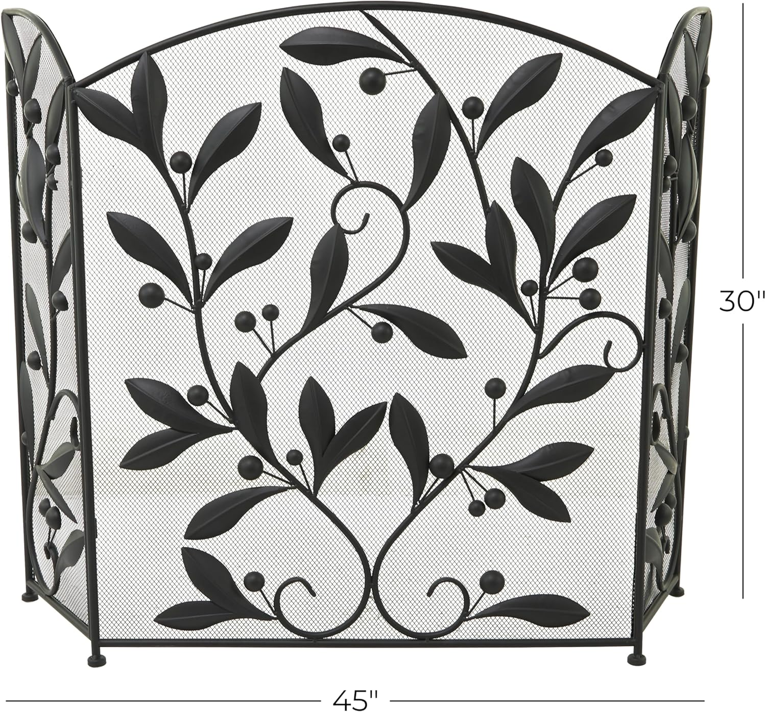Deco 79 Metal Scroll Foldable Mesh Netting 3 Panel Fireplace Screen with Leaf and Vine Relief, 45" x 1" x 30", Black