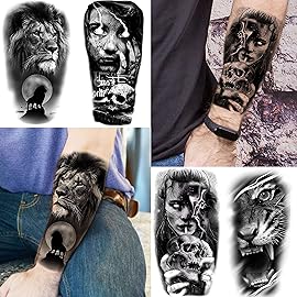 70 Sheets 3D Forearm Black Realistic Wolf Tiger Lion Temporary Tattoos For Men Women Thigh Arm, Scary Skull Gothic Gangster Fake Tattoo Sticker Adults, Large Tribal Half Sleeve Tatoos Halloween