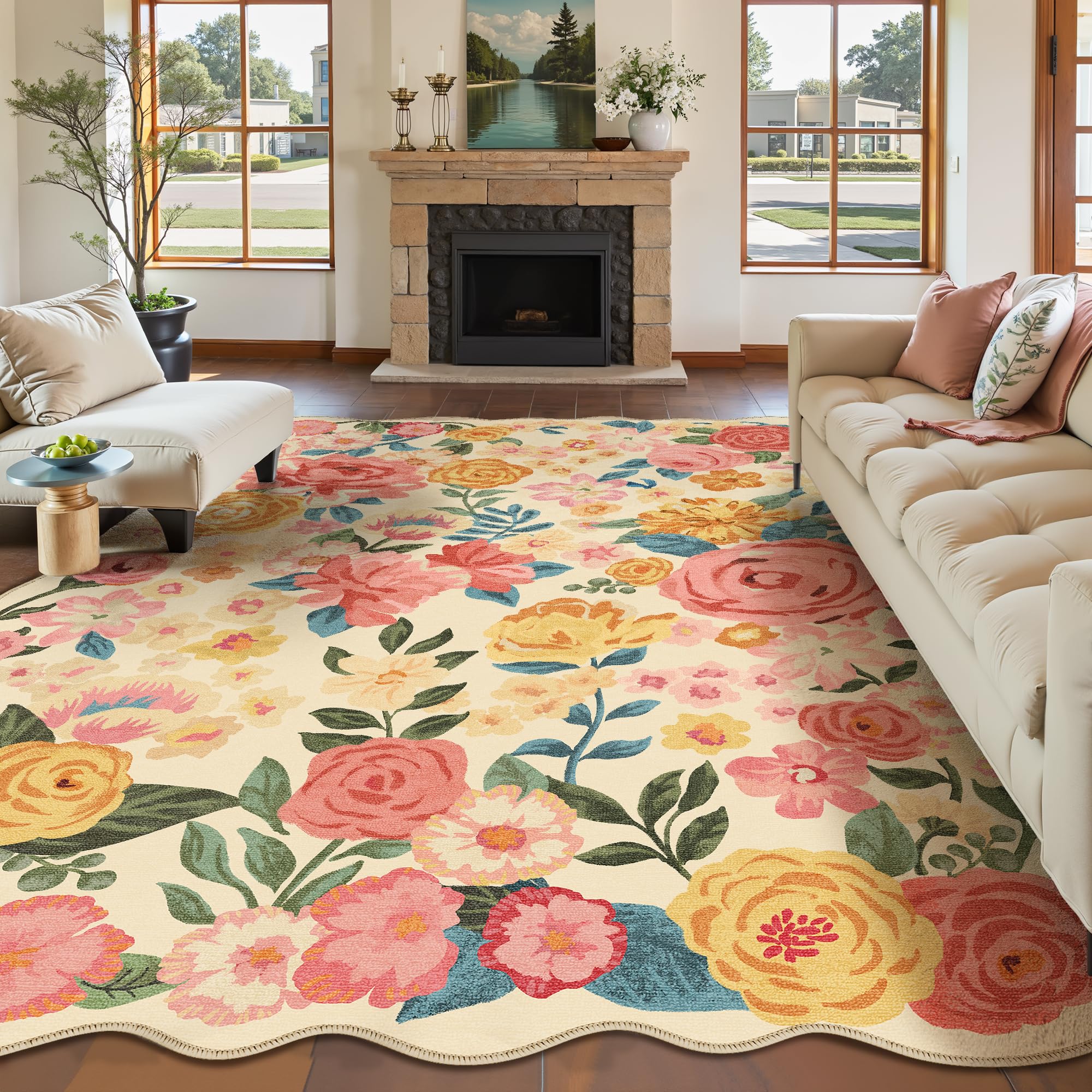 HUGEAR Beige Teppich Wohnzimmer Blumenmuster 200x300cm Schlafzimmer Blumen Boho Neutral Moderner Weich rutschfest Waschbarer Groß Teppiche Wohnzimmer Esszimmer BüRo Innen Kurzflor Carpet