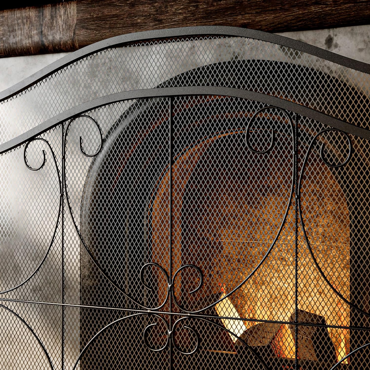 WOODTIME Single Panel Fireplace Screen with Curved Pattern, 41.3 x 29.7 inch Metal Fireplace Guard with Sturdy Feet, Decorative Fire Spark Guard Fence, Black