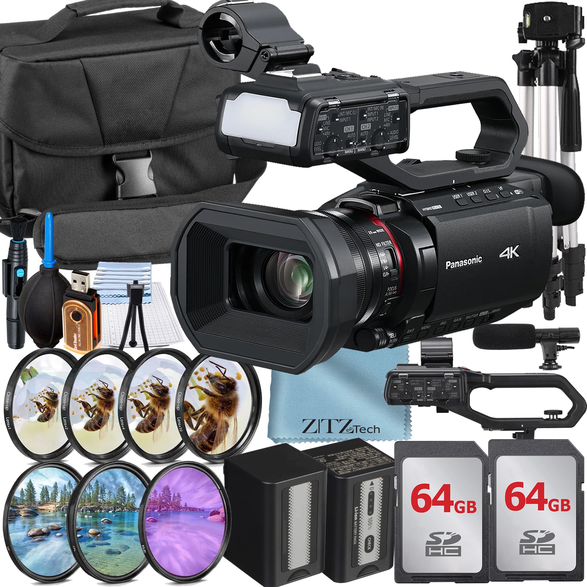 Panasonic HC-X2100 Camcorder with 2 Pack 64GB Memory Card + Case + Microphone + Filter Kit Accessory Bundle