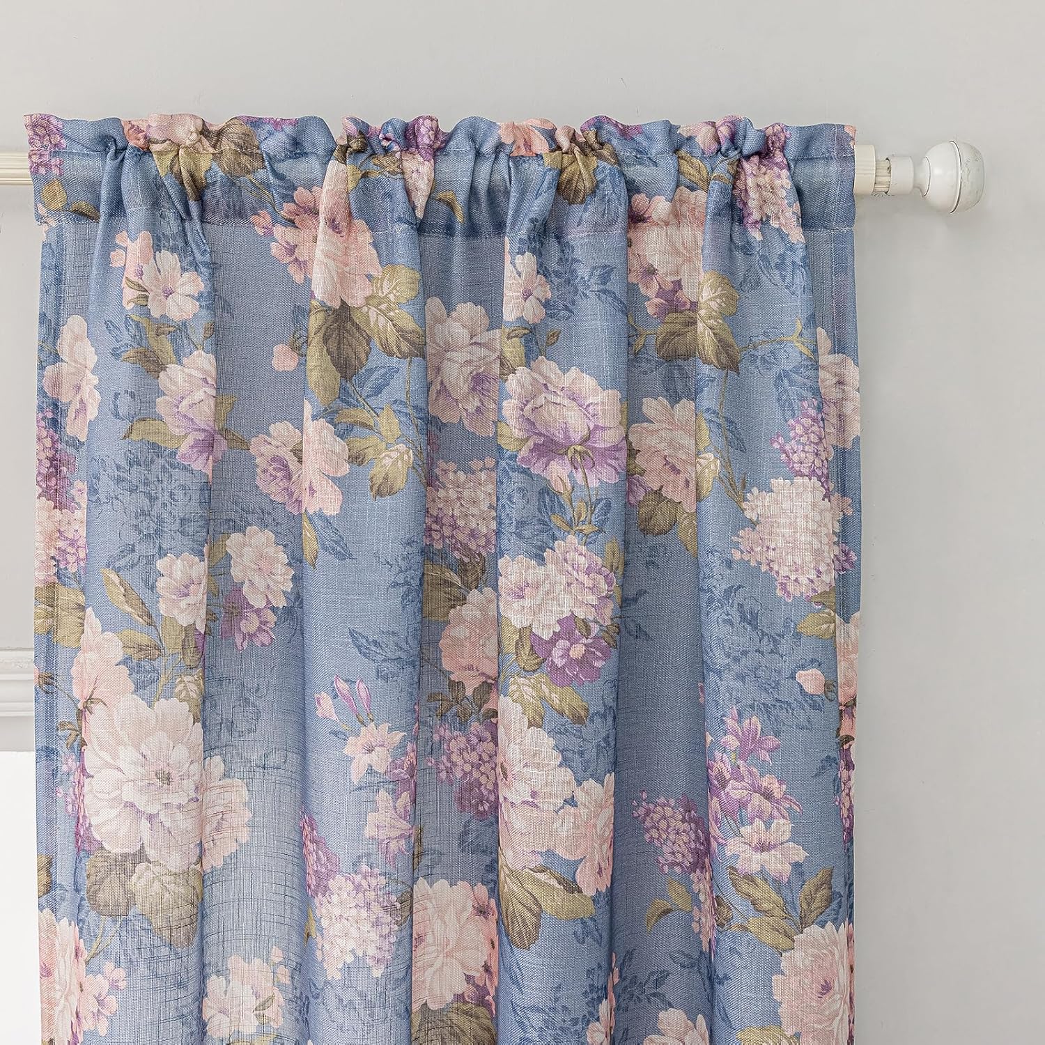 Blue Vintage Floral Semi-Sheer Curtains Linen Textured for Living Room 84 inches Long Rod Pocket Light Filtering Window Drapes for Dining Bedroom 2 Panels